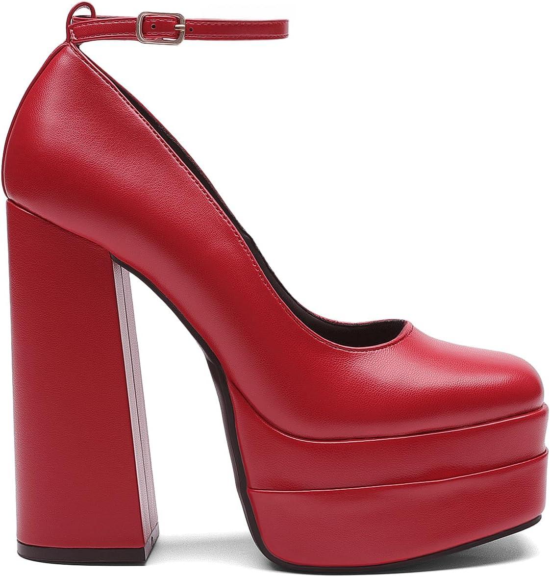 imageDREAM PAIRS Womens Platform High Heels Closed Toe Chunky Block Pumps Square Toe Ankle Strap Dress Fashion Party Y2K ShoesRedpu