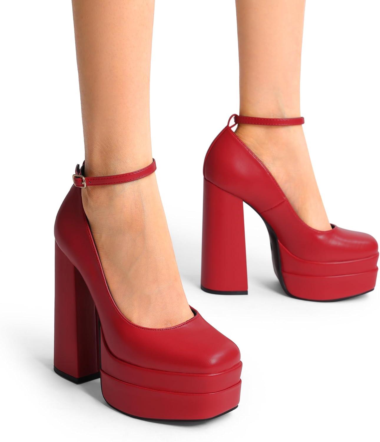 imageDREAM PAIRS Womens Platform High Heels Closed Toe Chunky Block Pumps Square Toe Ankle Strap Dress Fashion Party Y2K ShoesRedpu