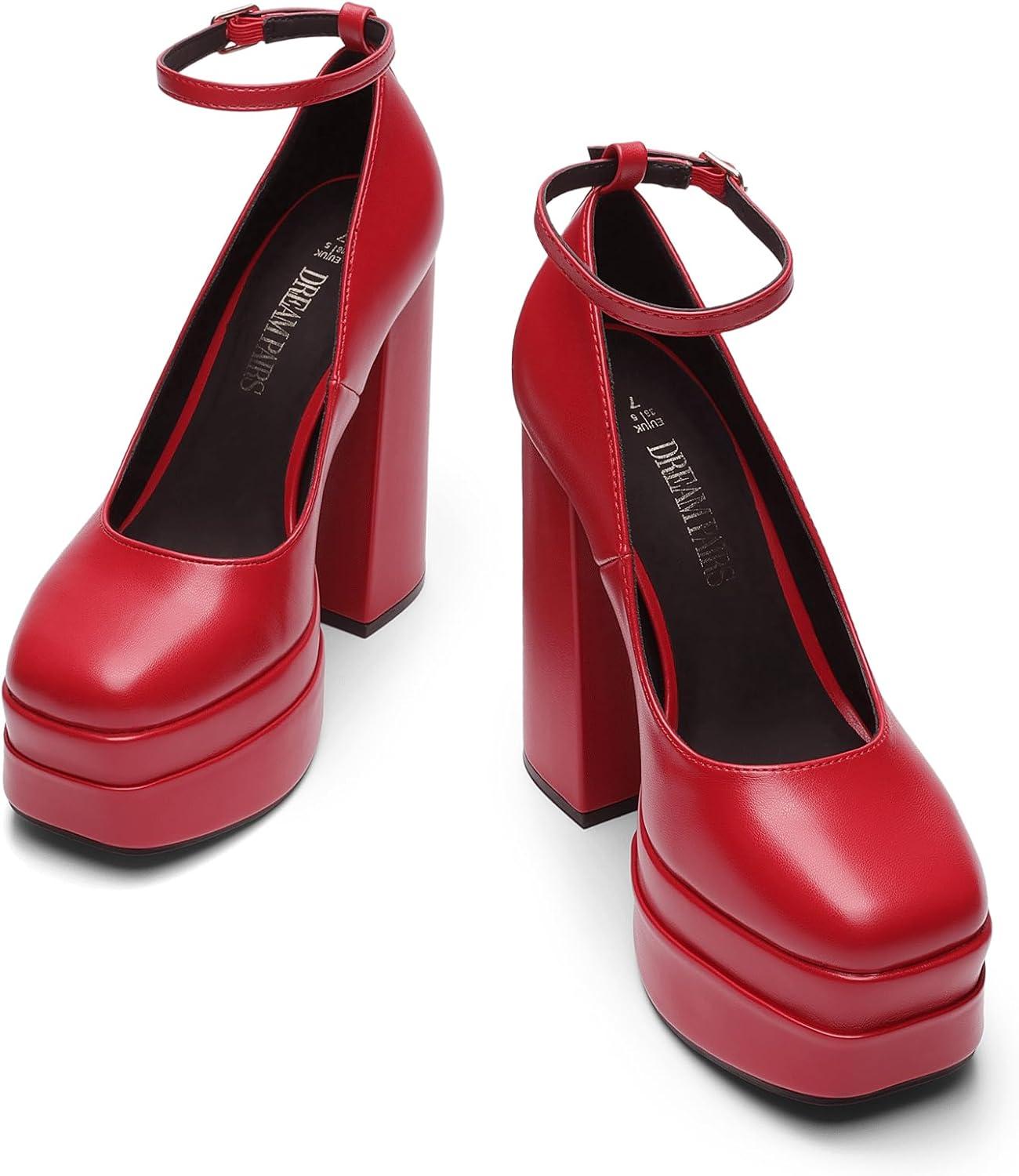 imageDREAM PAIRS Womens Platform High Heels Closed Toe Chunky Block Pumps Square Toe Ankle Strap Dress Fashion Party Y2K ShoesRedpu