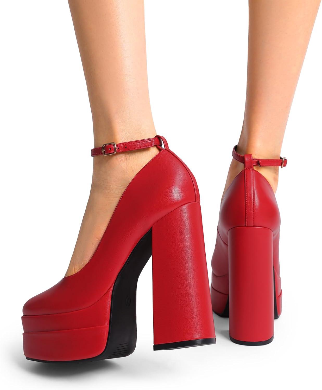 imageDREAM PAIRS Womens Platform High Heels Closed Toe Chunky Block Pumps Square Toe Ankle Strap Dress Fashion Party Y2K ShoesRedpu