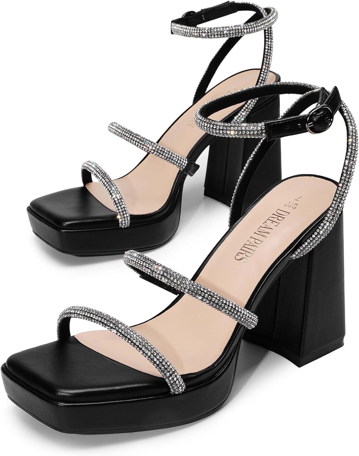 imageDREAM PAIRS Womens Platform Strappy Heels Open Toe Ankle Strap Square Party Sandals Y2K Dress ShoesBlackrhinestone