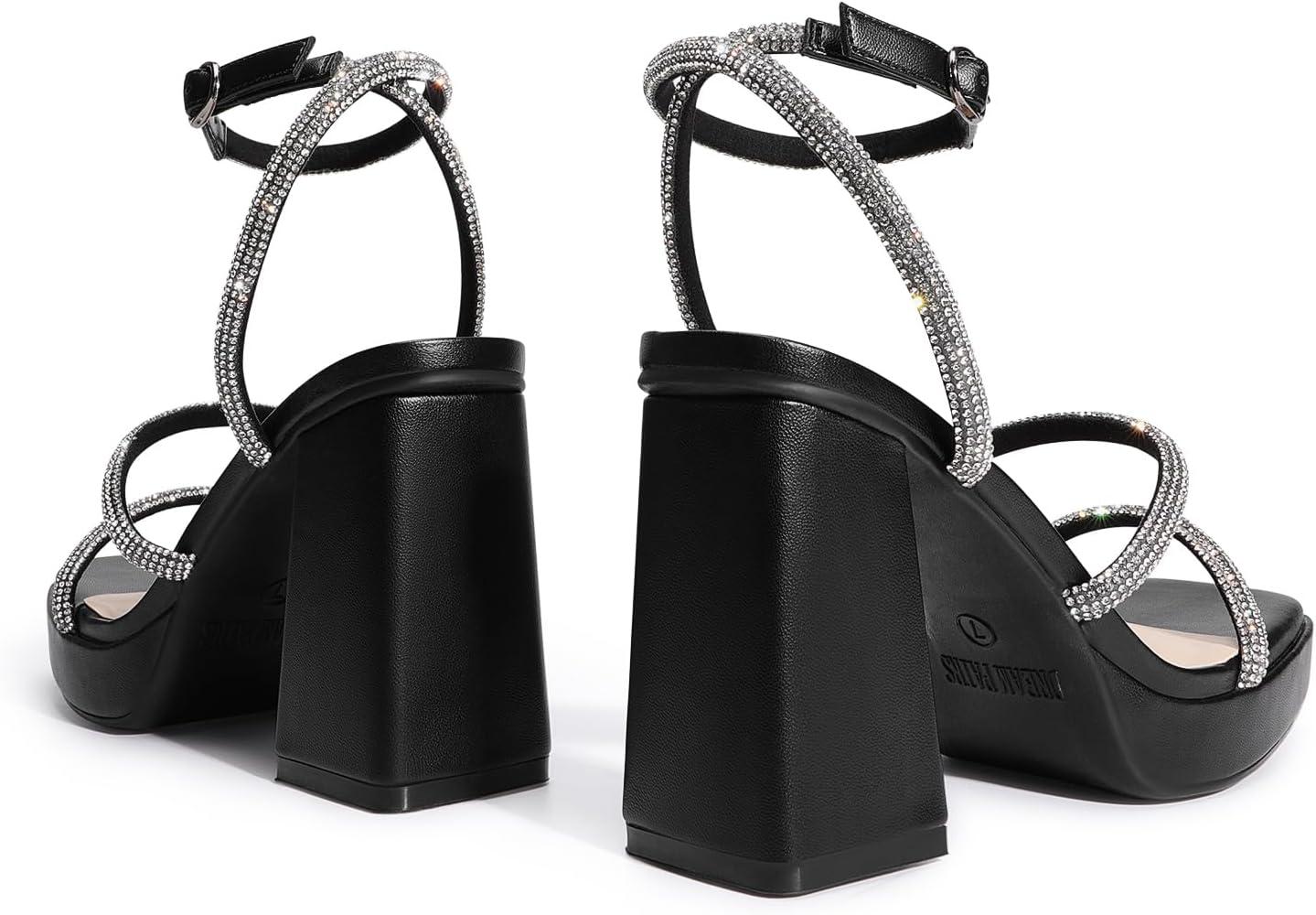 imageDREAM PAIRS Womens Platform Strappy Heels Open Toe Ankle Strap Square Party Sandals Y2K Dress ShoesBlackrhinestone
