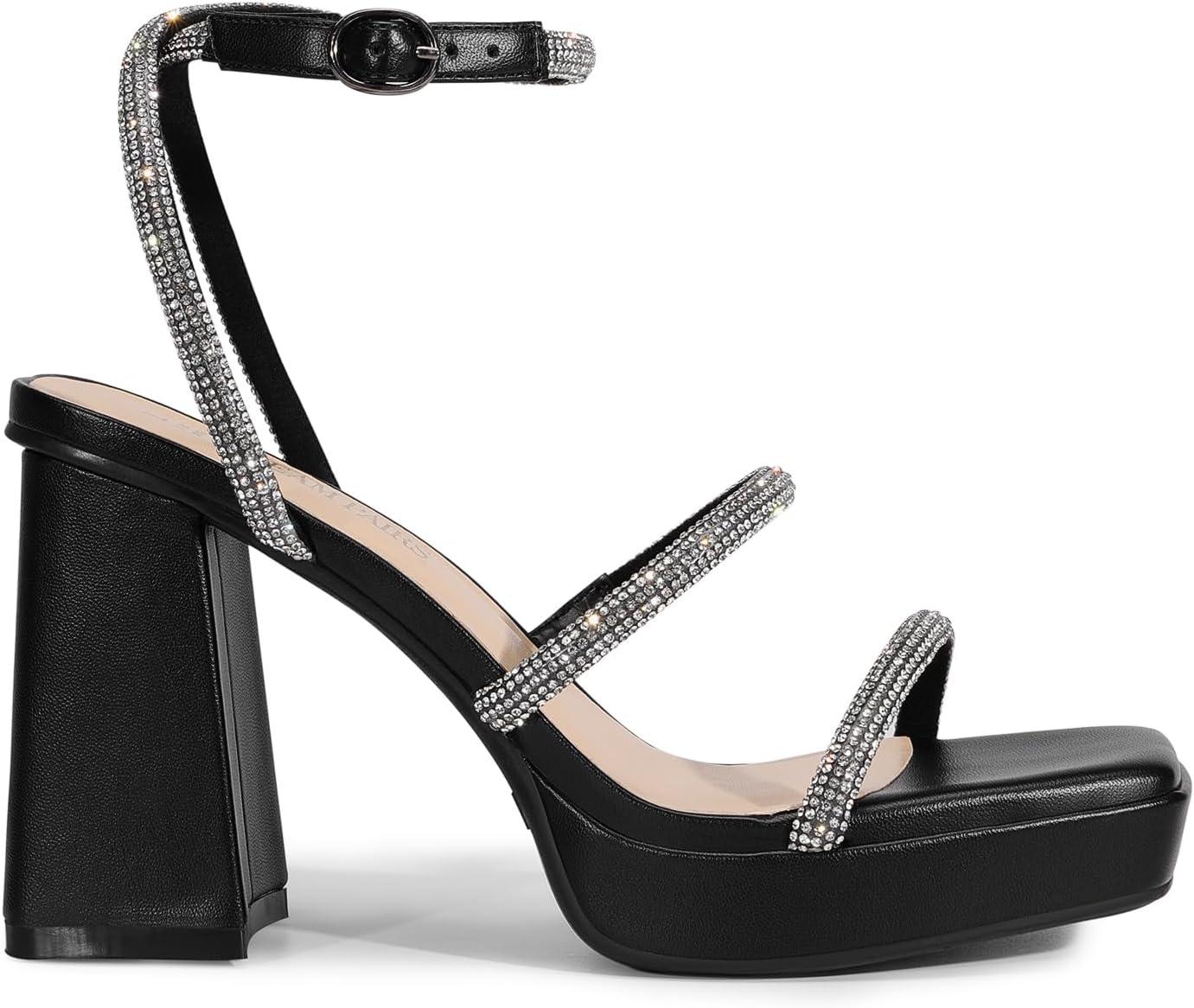 imageDREAM PAIRS Womens Platform Strappy Heels Open Toe Ankle Strap Square Party Sandals Y2K Dress ShoesBlackrhinestone