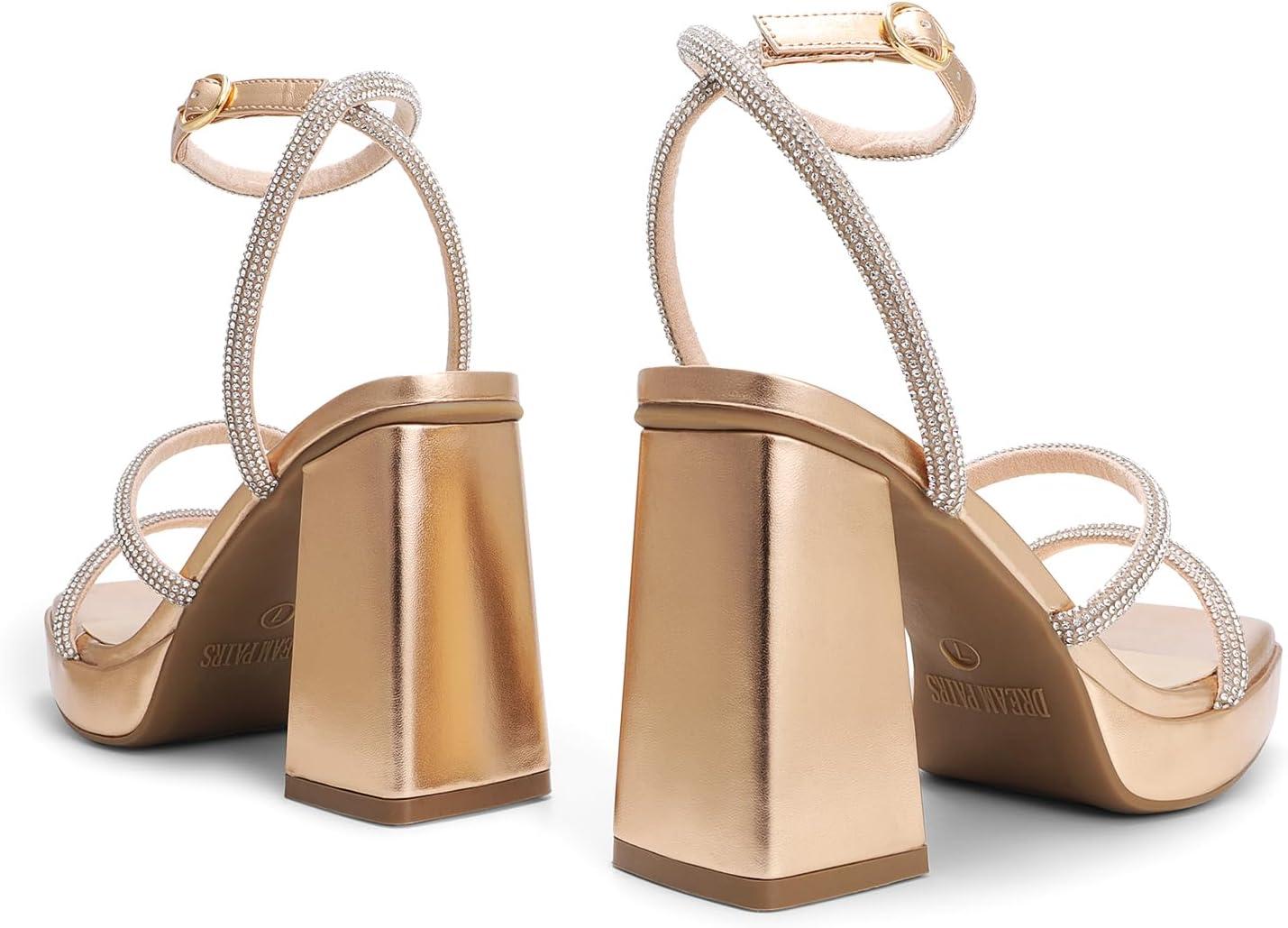 imageDREAM PAIRS Womens Platform Strappy Heels Open Toe Ankle Strap Square Party Sandals Y2K Dress ShoesChampagnerhinestone