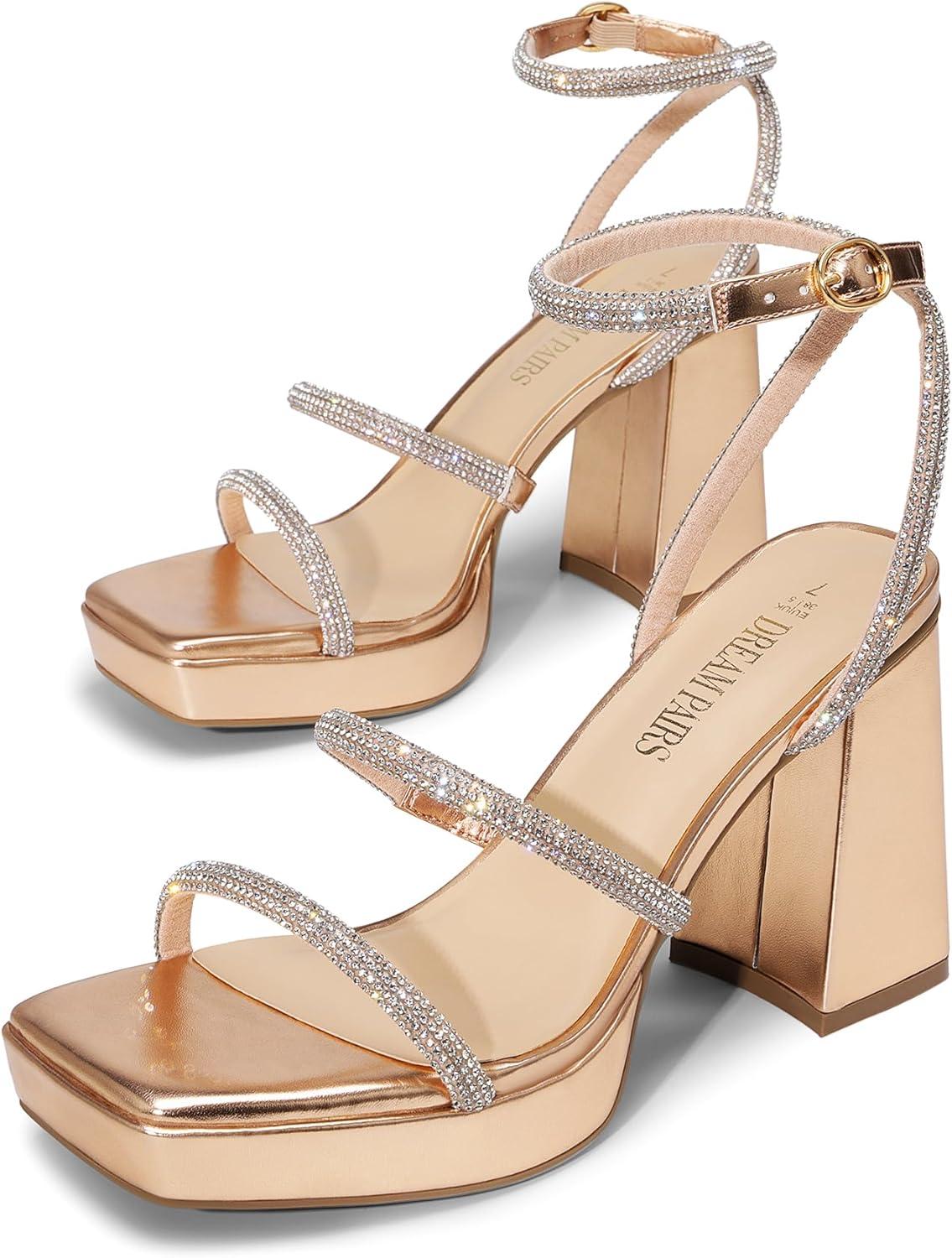 imageDREAM PAIRS Womens Platform Strappy Heels Open Toe Ankle Strap Square Party Sandals Y2K Dress ShoesChampagnerhinestone