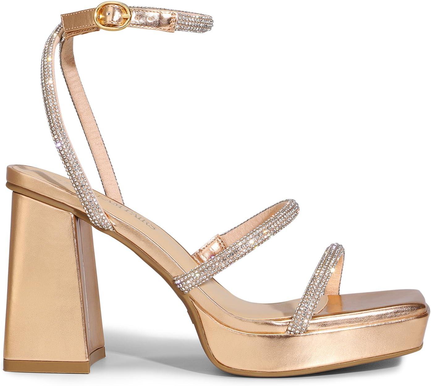 imageDREAM PAIRS Womens Platform Strappy Heels Open Toe Ankle Strap Square Party Sandals Y2K Dress ShoesChampagnerhinestone