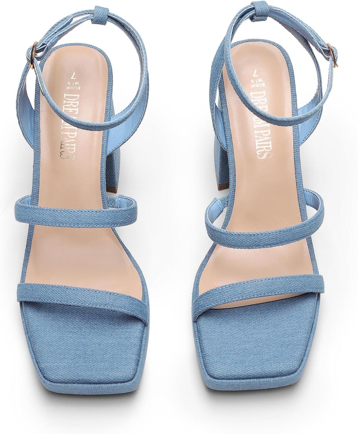 imageDREAM PAIRS Womens Platform Strappy Heels Open Toe Ankle Strap Square Party Sandals Y2K Dress ShoesDenim Blue