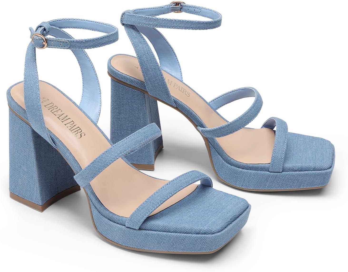 imageDREAM PAIRS Womens Platform Strappy Heels Open Toe Ankle Strap Square Party Sandals Y2K Dress ShoesDenim Blue