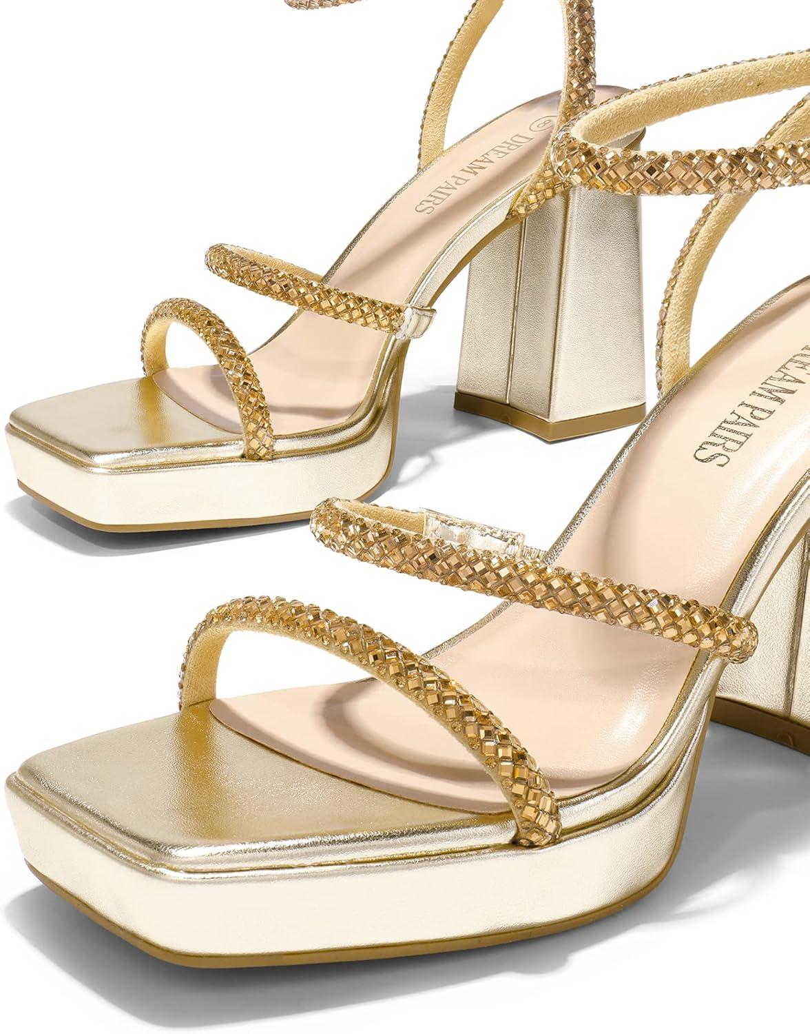 imageDREAM PAIRS Womens Platform Strappy Heels Open Toe Ankle Strap Square Party Sandals Y2K Dress ShoesGold
