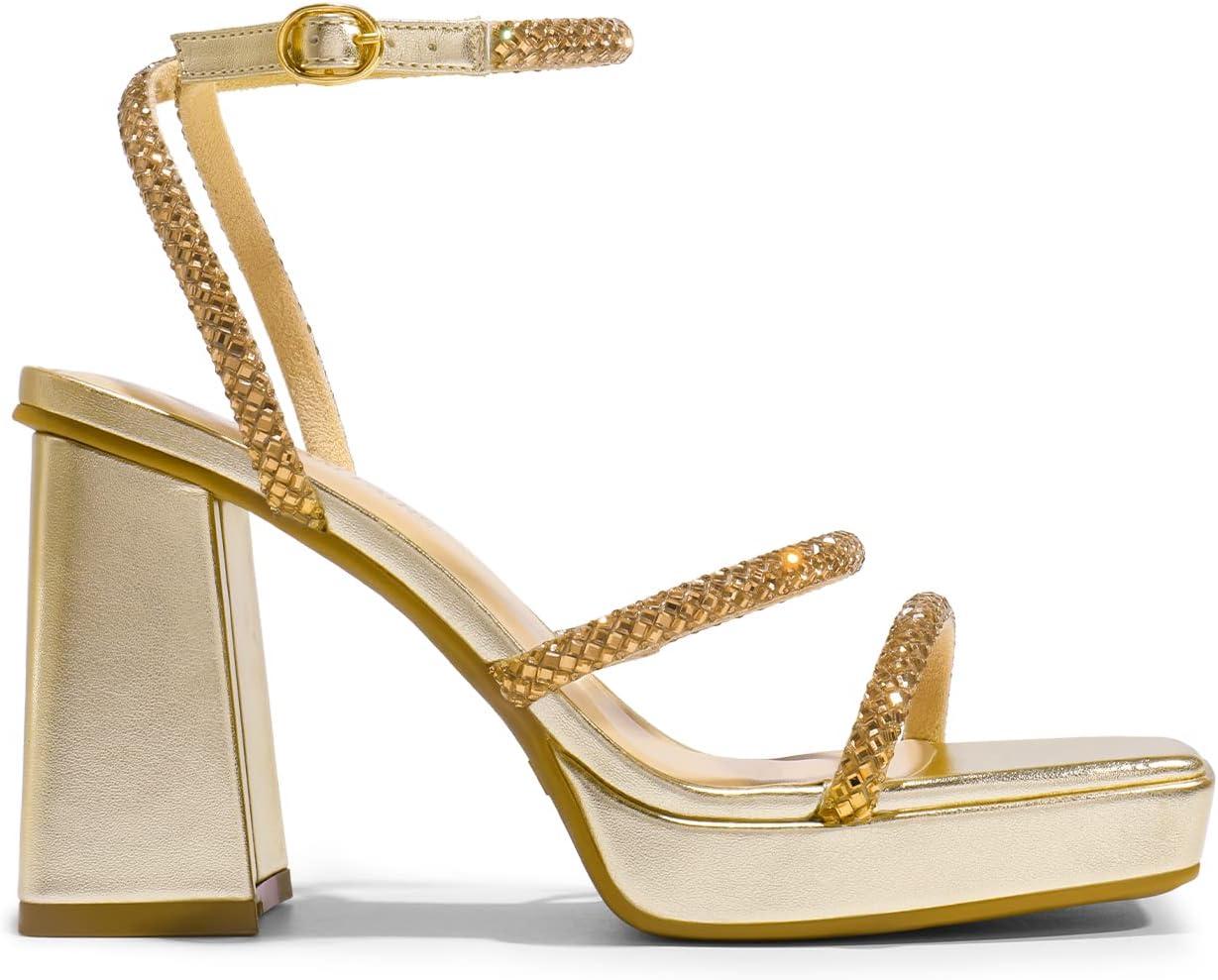 imageDREAM PAIRS Womens Platform Strappy Heels Open Toe Ankle Strap Square Party Sandals Y2K Dress ShoesGold
