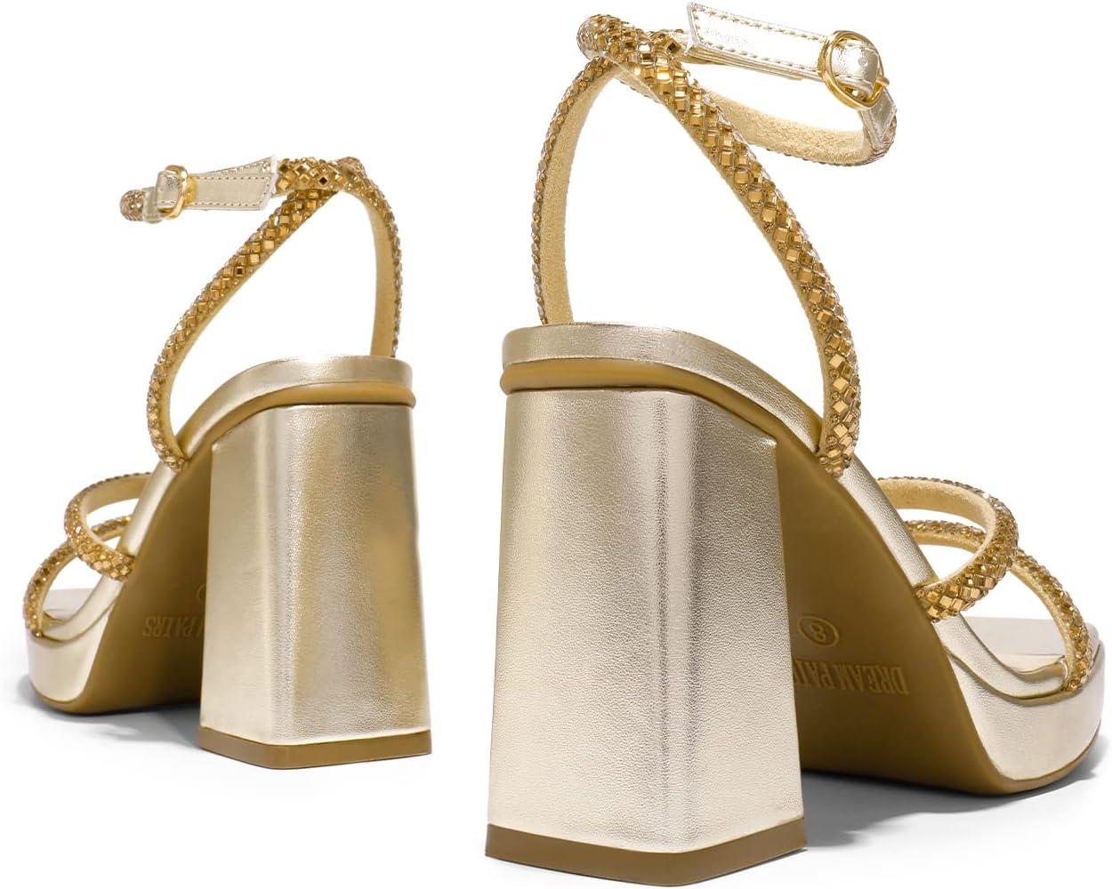 imageDREAM PAIRS Womens Platform Strappy Heels Open Toe Ankle Strap Square Party Sandals Y2K Dress ShoesGold