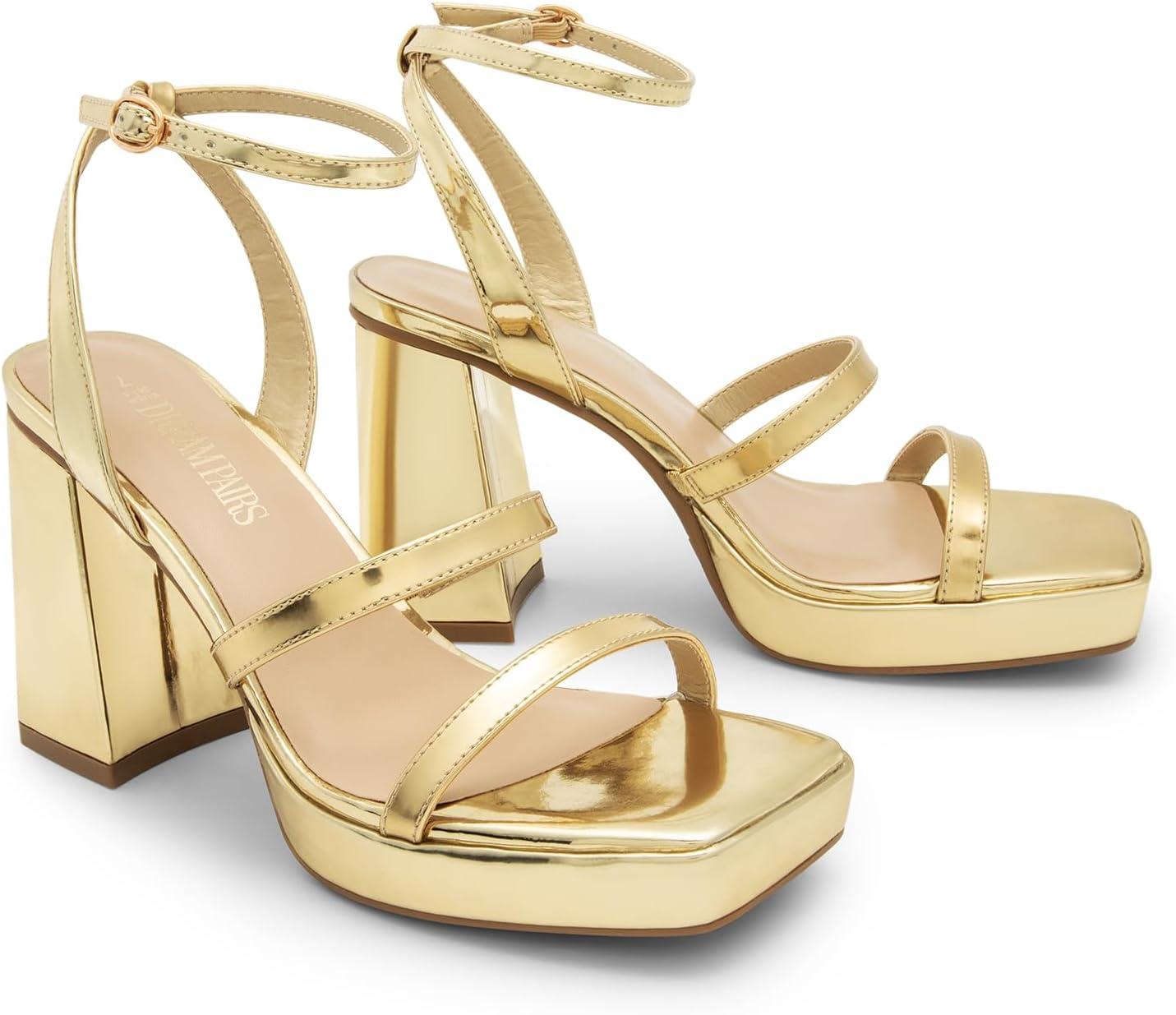 imageDREAM PAIRS Womens Platform Strappy Heels Open Toe Ankle Strap Square Party Sandals Y2K Dress ShoesGoldpat