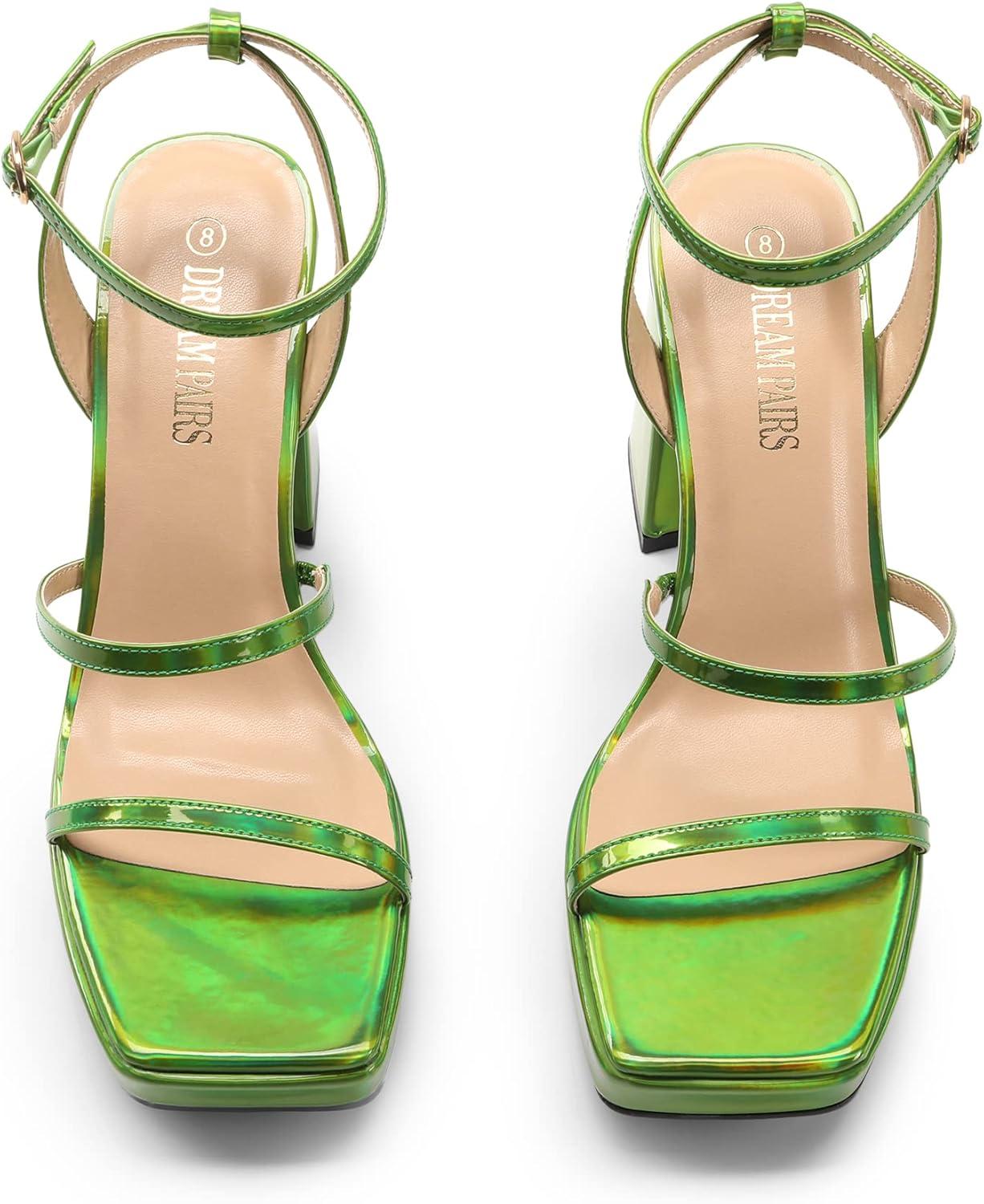 imageDREAM PAIRS Womens Platform Strappy Heels Open Toe Ankle Strap Square Party Sandals Y2K Dress ShoesGreen