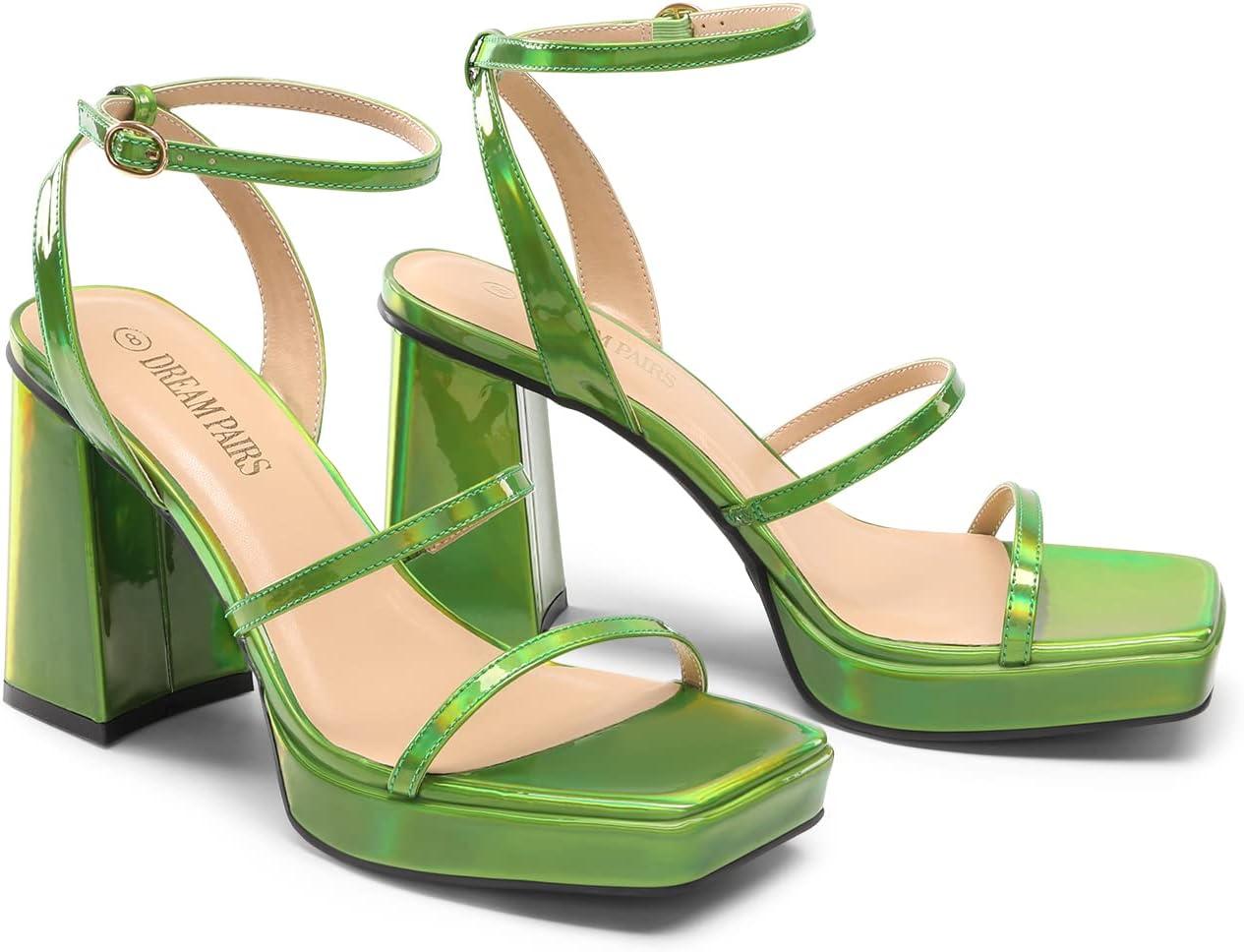imageDREAM PAIRS Womens Platform Strappy Heels Open Toe Ankle Strap Square Party Sandals Y2K Dress ShoesGreen