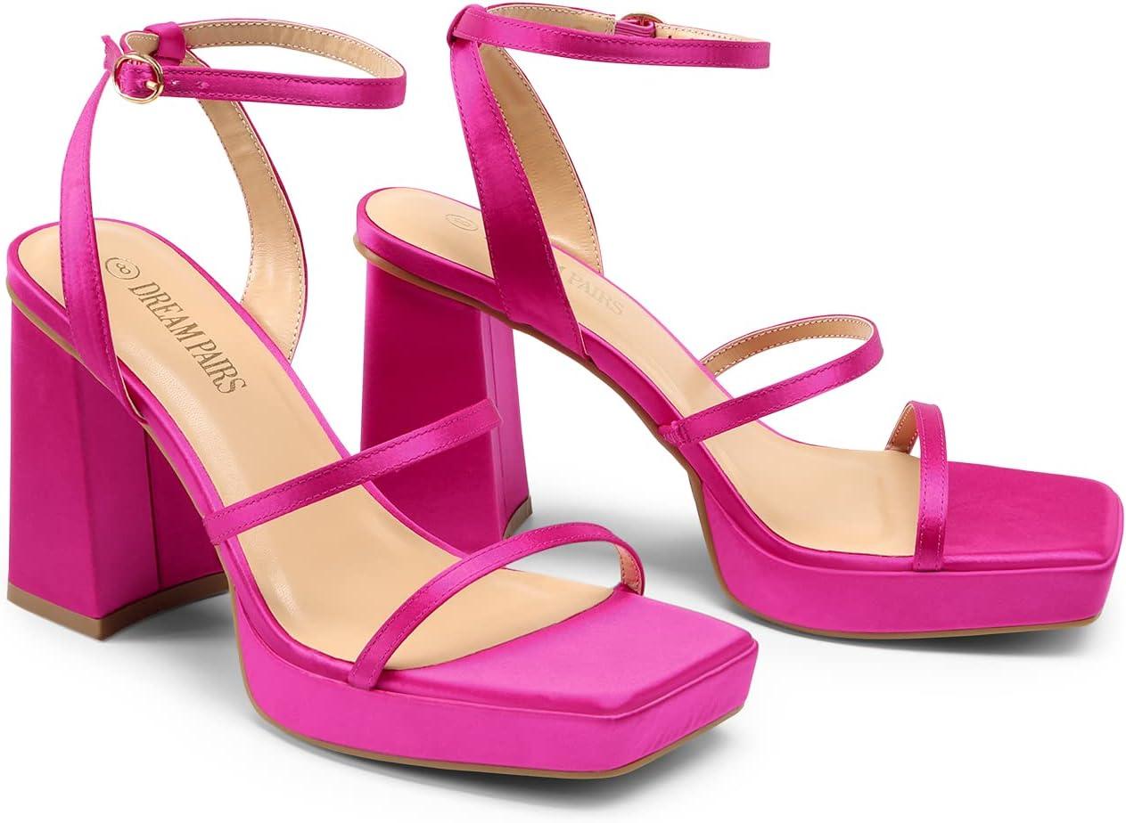 imageDREAM PAIRS Womens Platform Strappy Heels Open Toe Ankle Strap Square Party Sandals Y2K Dress ShoesHot Pink