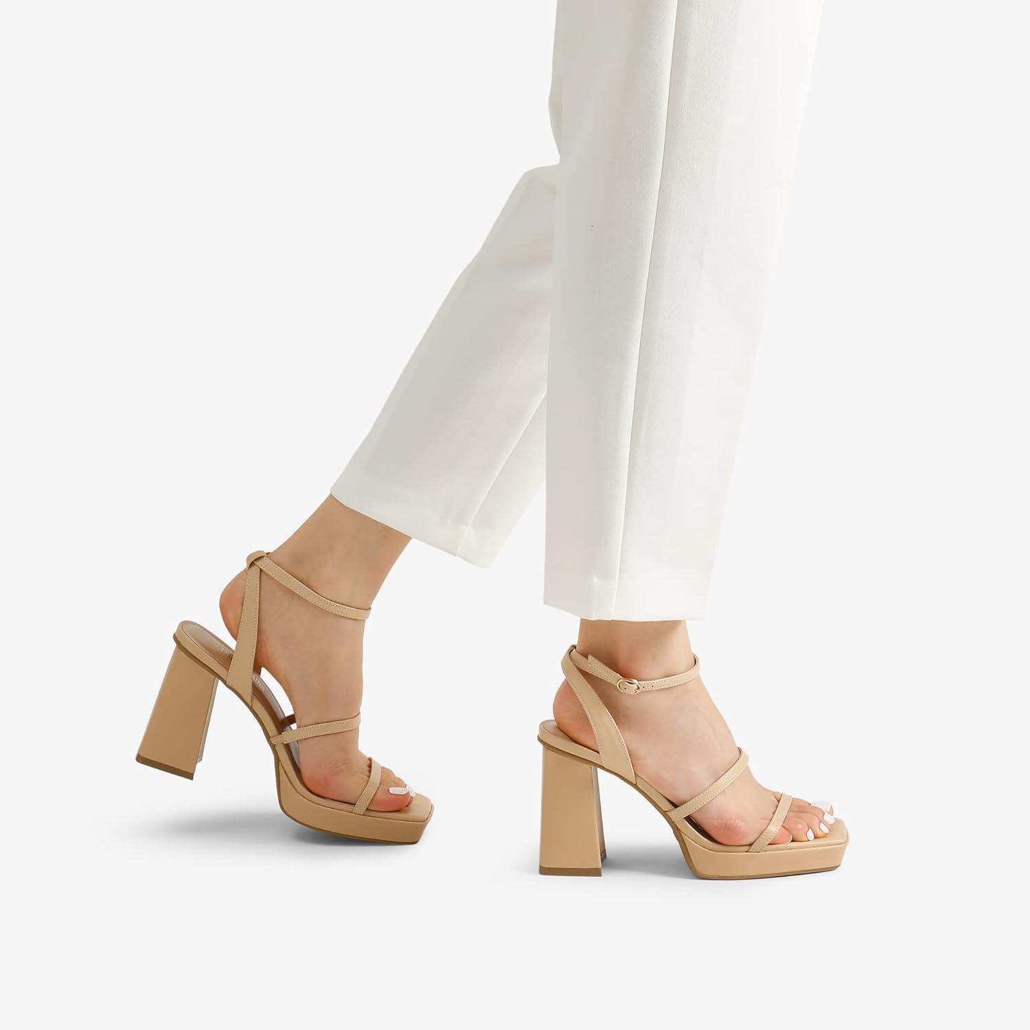imageDREAM PAIRS Womens Platform Strappy Heels Open Toe Ankle Strap Square Party Sandals Y2K Dress ShoesNude