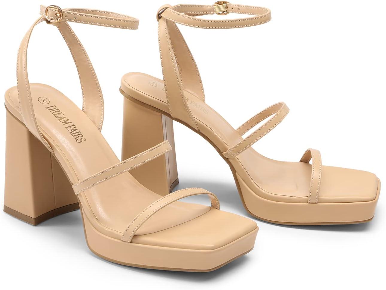 imageDREAM PAIRS Womens Platform Strappy Heels Open Toe Ankle Strap Square Party Sandals Y2K Dress ShoesNude
