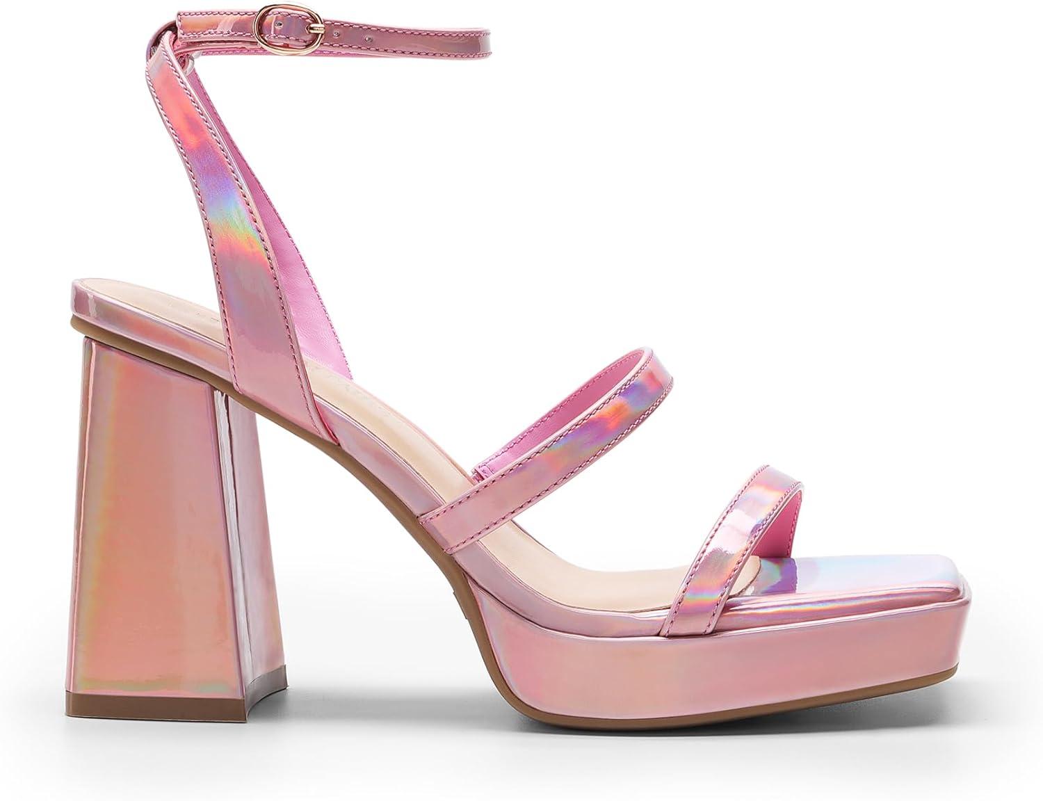 imageDREAM PAIRS Womens Platform Strappy Heels Open Toe Ankle Strap Square Party Sandals Y2K Dress ShoesPinkpu