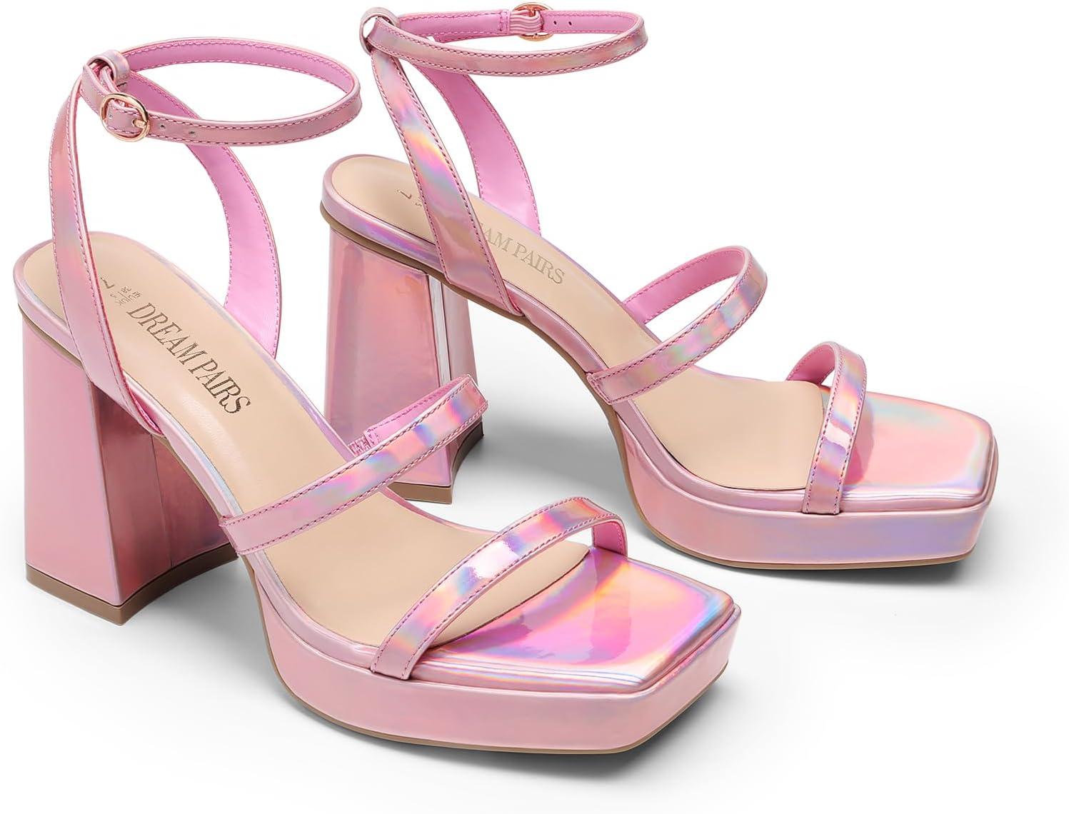 imageDREAM PAIRS Womens Platform Strappy Heels Open Toe Ankle Strap Square Party Sandals Y2K Dress ShoesPinkpu