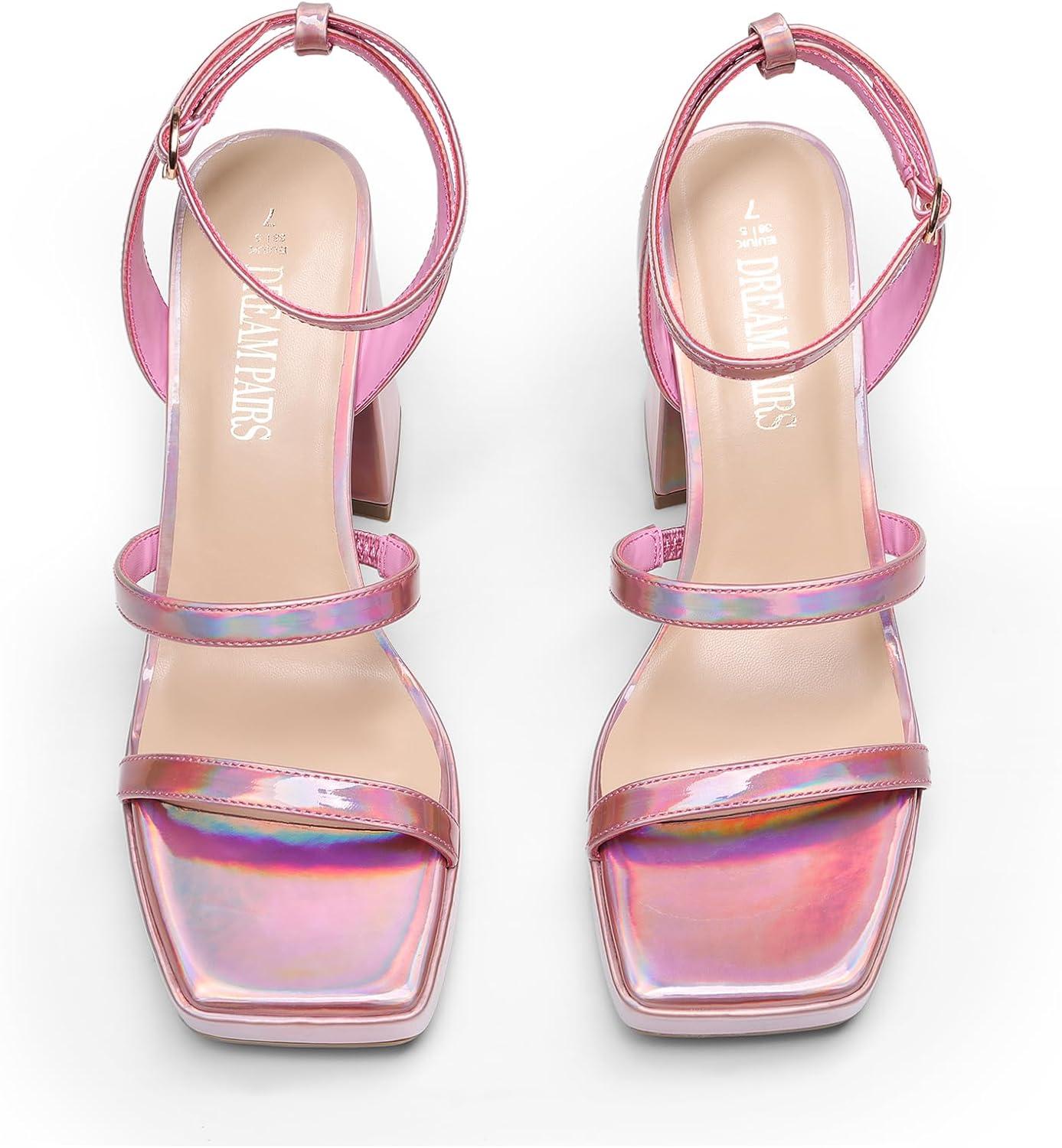 imageDREAM PAIRS Womens Platform Strappy Heels Open Toe Ankle Strap Square Party Sandals Y2K Dress ShoesPinkpu