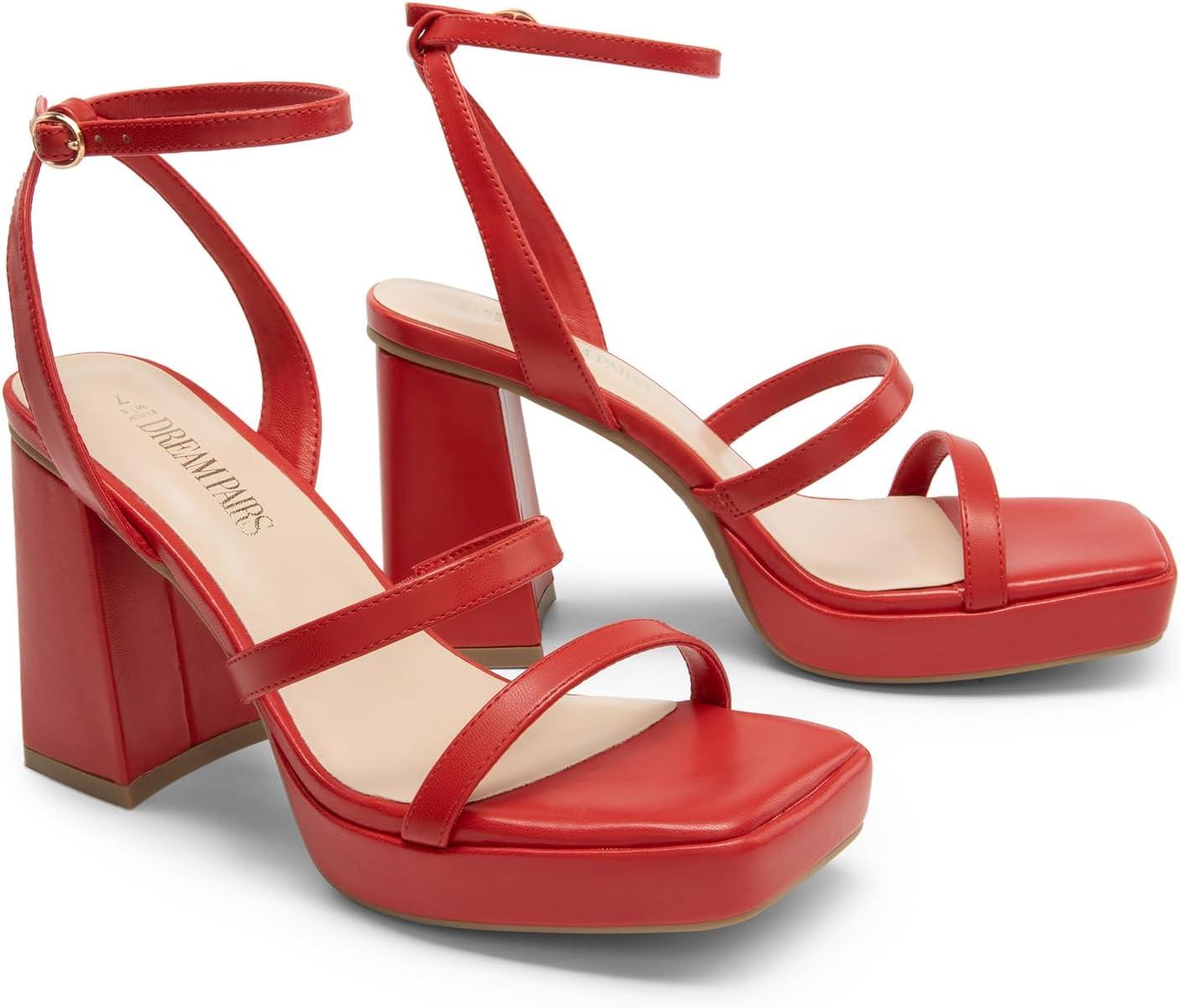 imageDREAM PAIRS Womens Platform Strappy Heels Open Toe Ankle Strap Square Party Sandals Y2K Dress ShoesRedpu