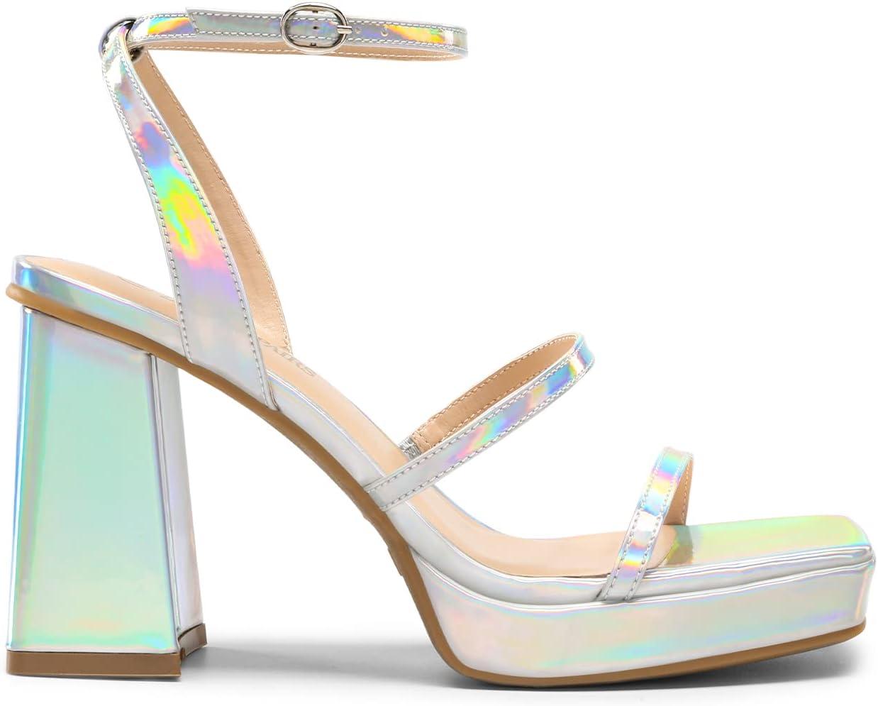 imageDREAM PAIRS Womens Platform Strappy Heels Open Toe Ankle Strap Square Party Sandals Y2K Dress ShoesSilver