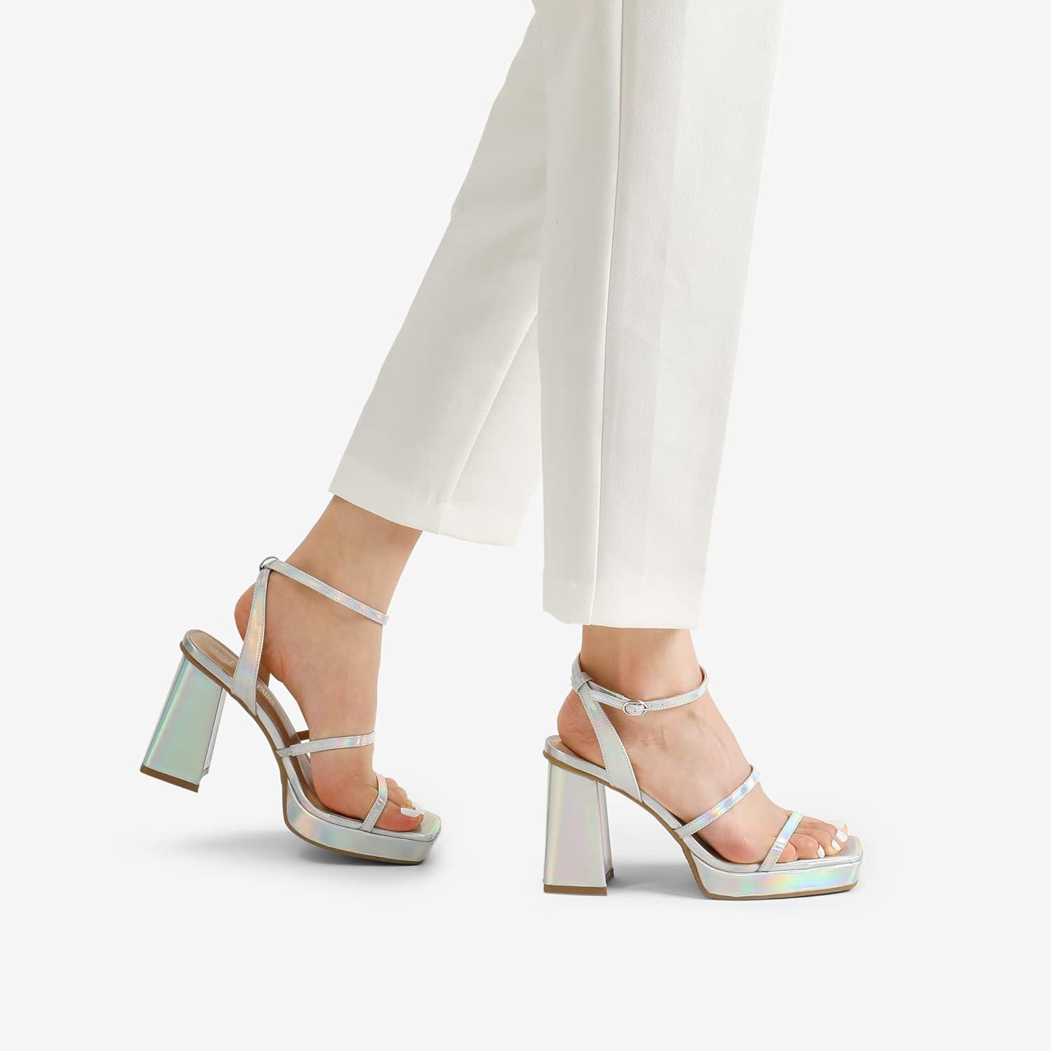 imageDREAM PAIRS Womens Platform Strappy Heels Open Toe Ankle Strap Square Party Sandals Y2K Dress ShoesSilver