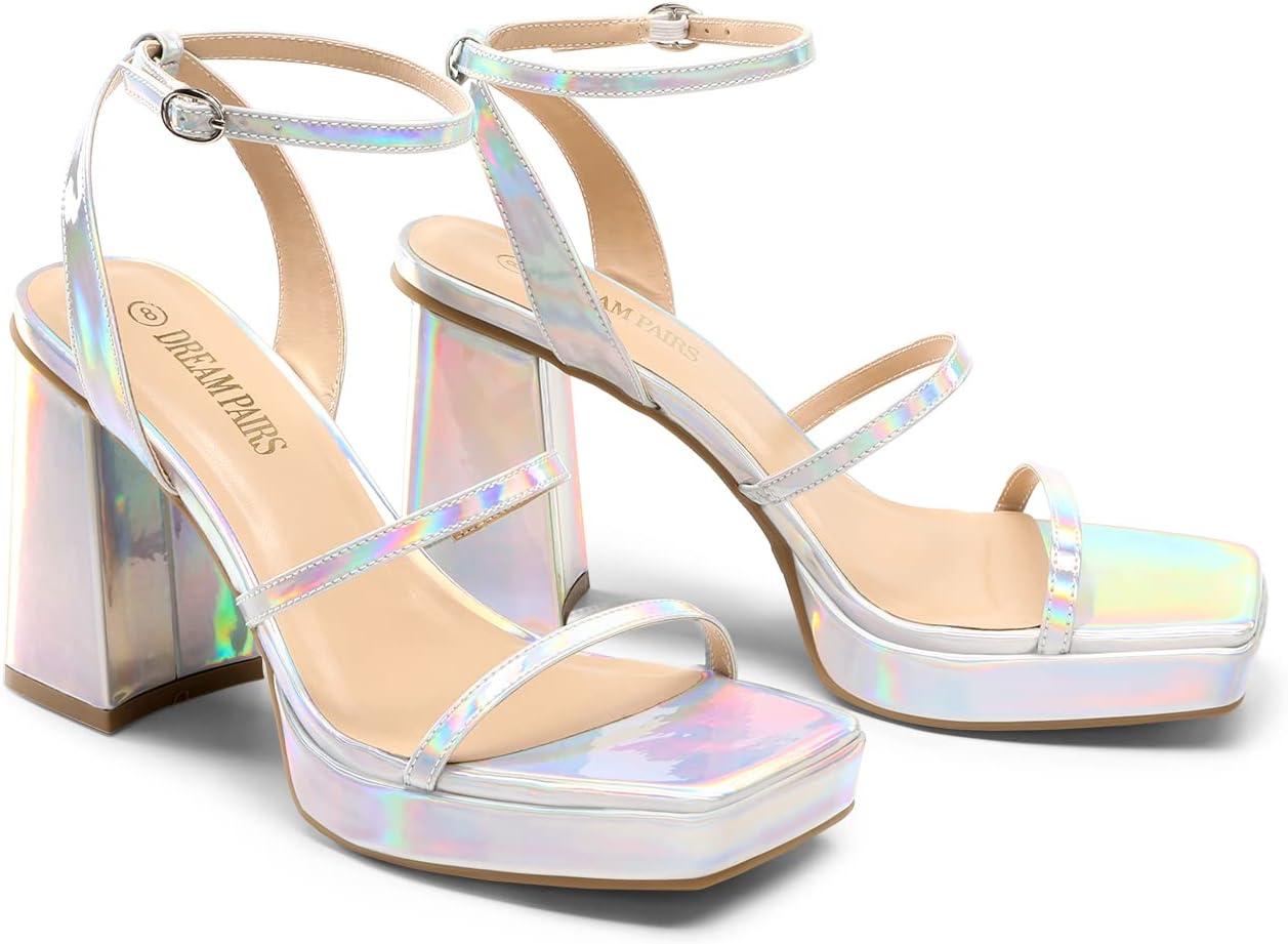 imageDREAM PAIRS Womens Platform Strappy Heels Open Toe Ankle Strap Square Party Sandals Y2K Dress ShoesSilver