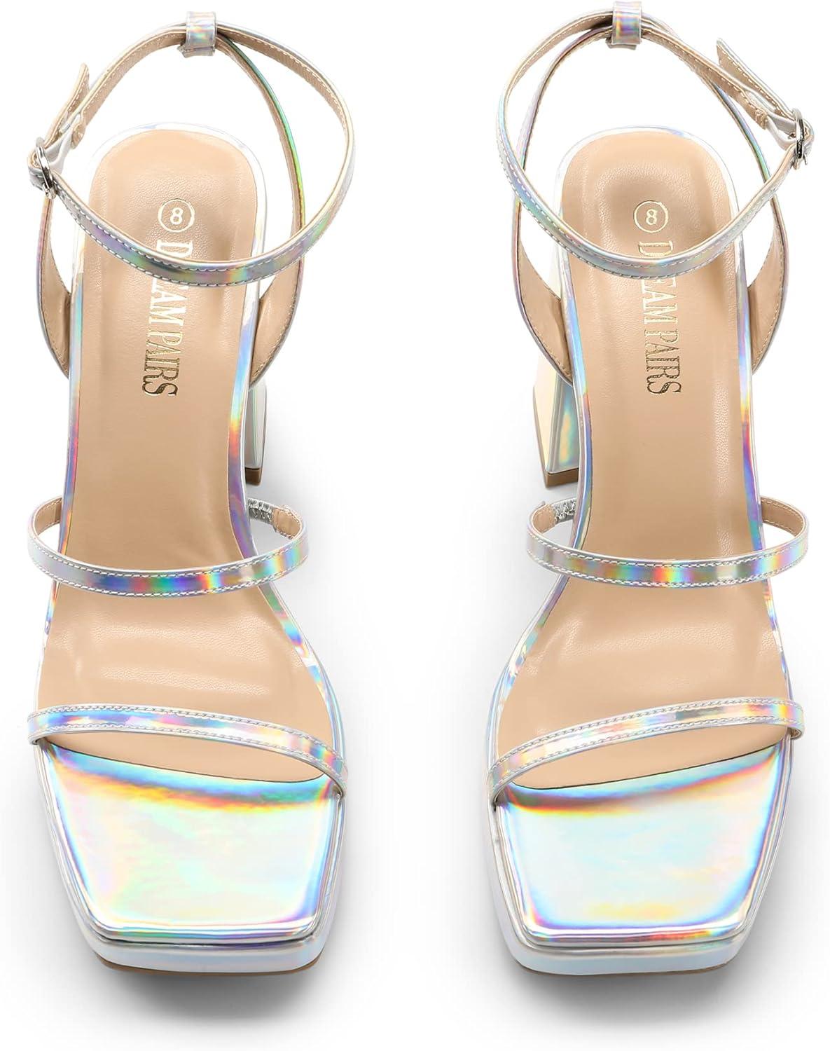 imageDREAM PAIRS Womens Platform Strappy Heels Open Toe Ankle Strap Square Party Sandals Y2K Dress ShoesSilver