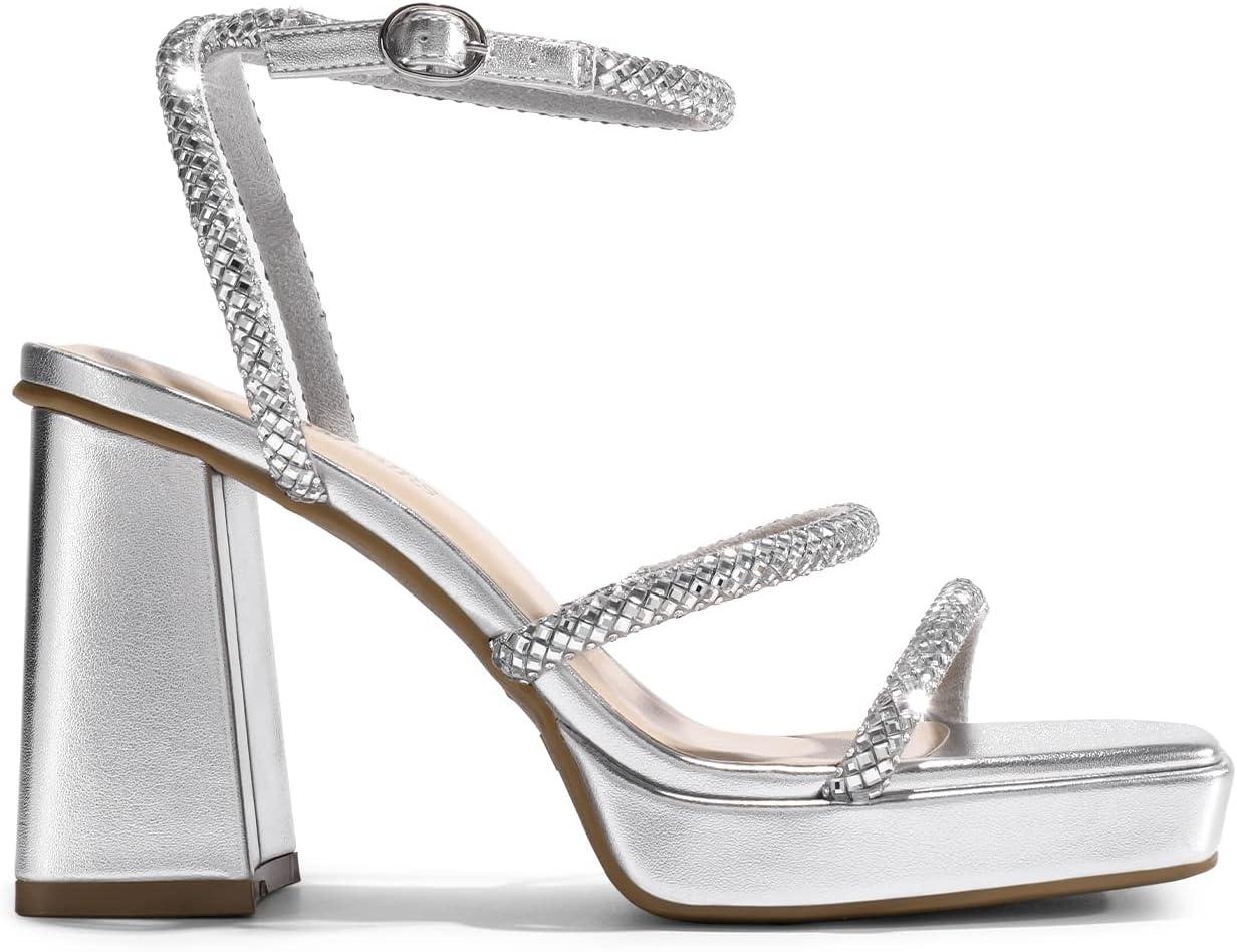 imageDREAM PAIRS Womens Platform Strappy Heels Open Toe Ankle Strap Square Party Sandals Y2K Dress ShoesSilverrhinestone