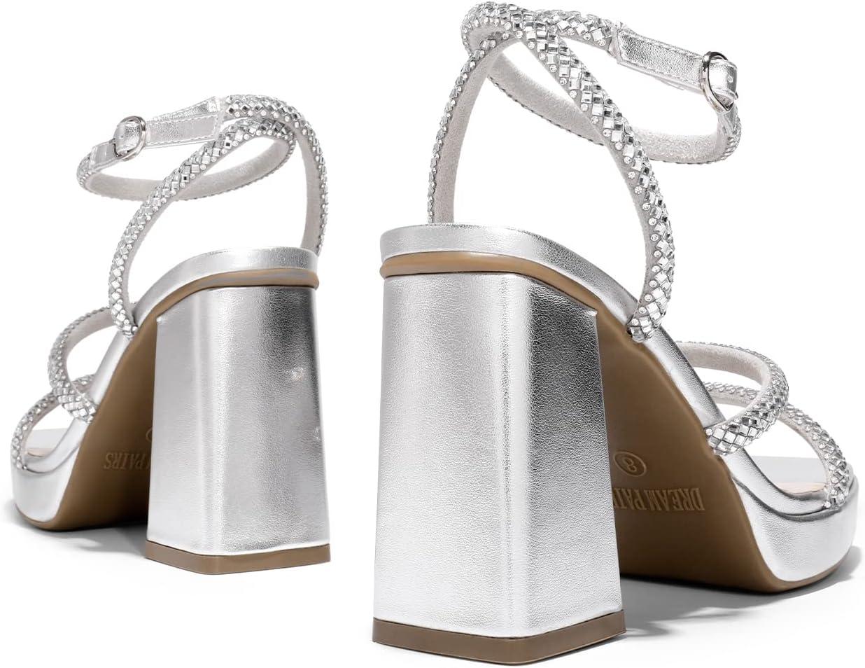 imageDREAM PAIRS Womens Platform Strappy Heels Open Toe Ankle Strap Square Party Sandals Y2K Dress ShoesSilverrhinestone