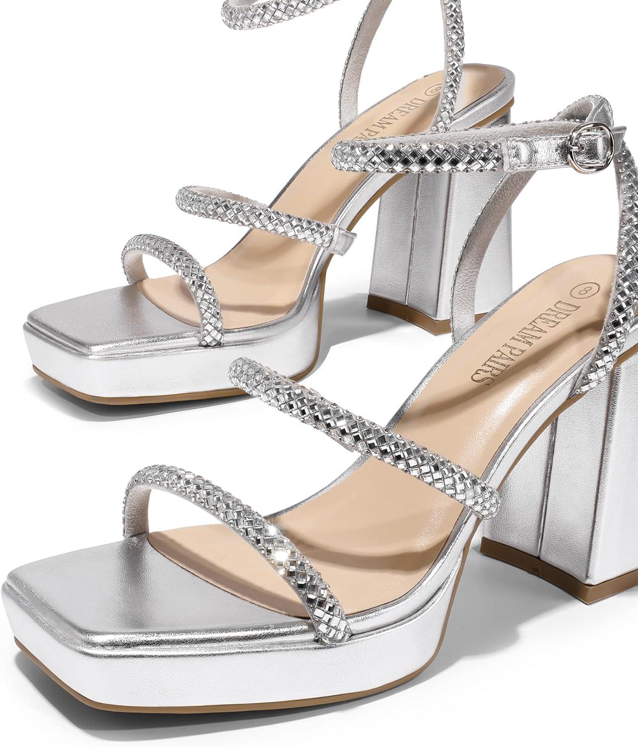 imageDREAM PAIRS Womens Platform Strappy Heels Open Toe Ankle Strap Square Party Sandals Y2K Dress ShoesSilverrhinestone