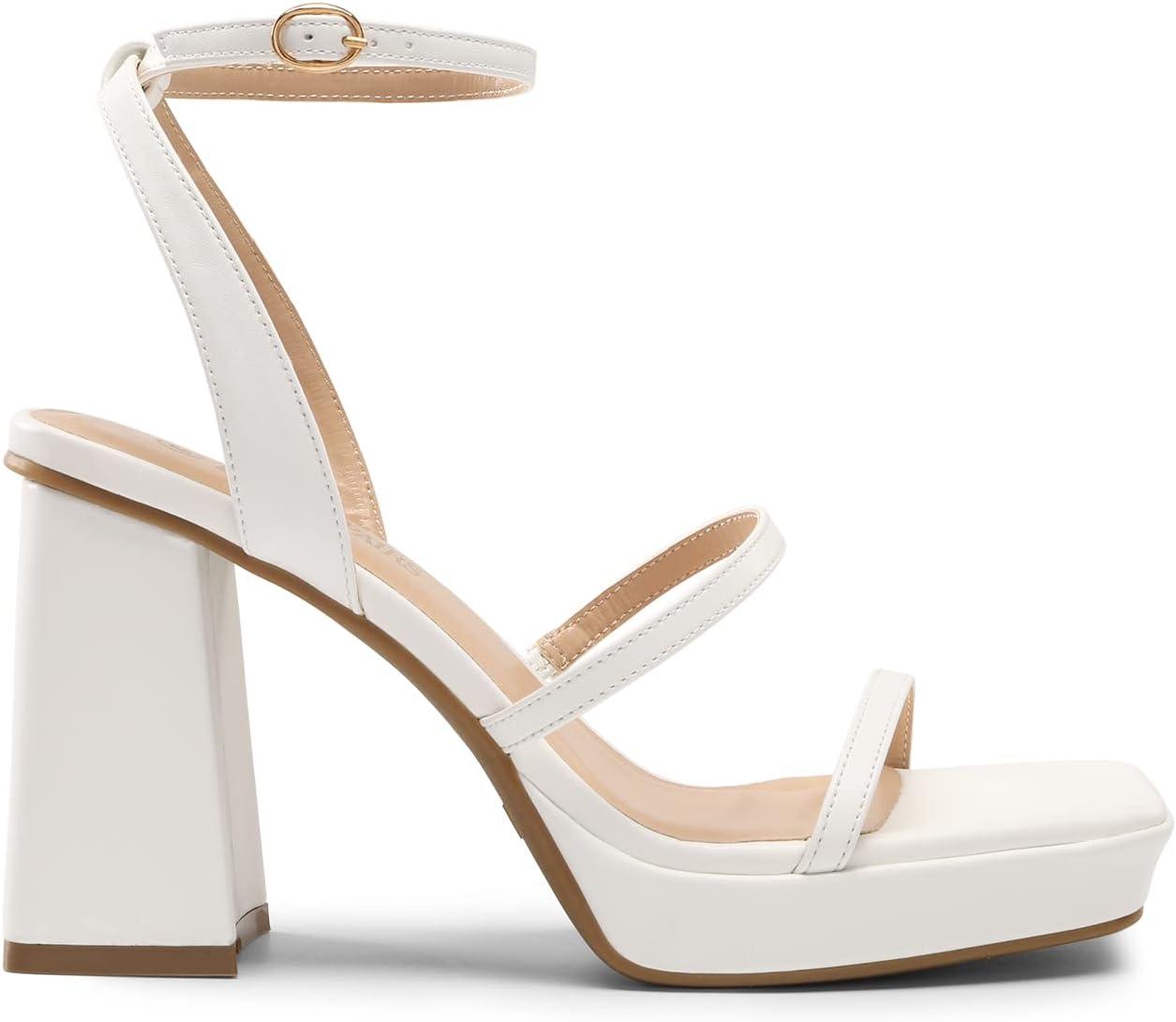 imageDREAM PAIRS Womens Platform Strappy Heels Open Toe Ankle Strap Square Party Sandals Y2K Dress ShoesWhite