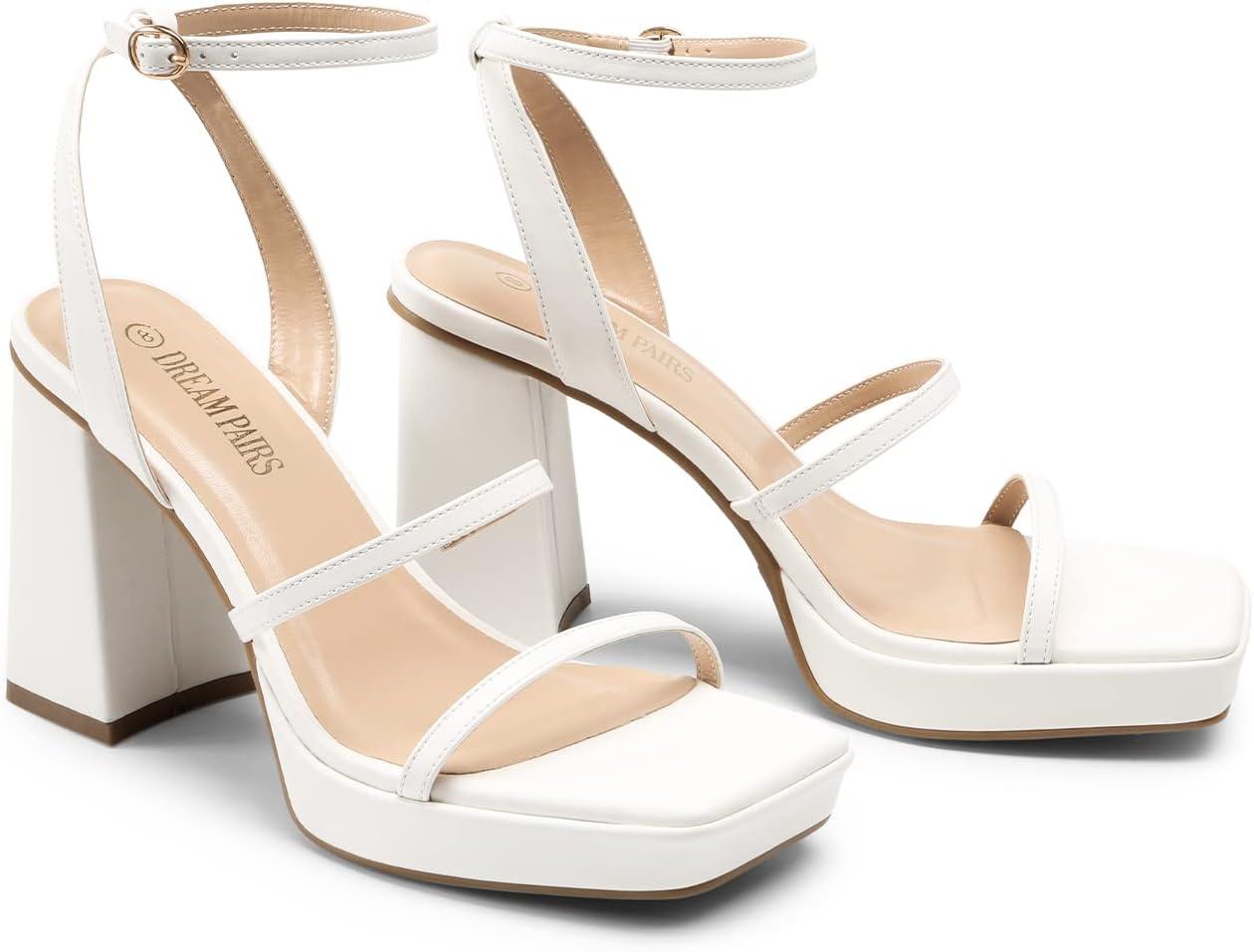 imageDREAM PAIRS Womens Platform Strappy Heels Open Toe Ankle Strap Square Party Sandals Y2K Dress ShoesWhite