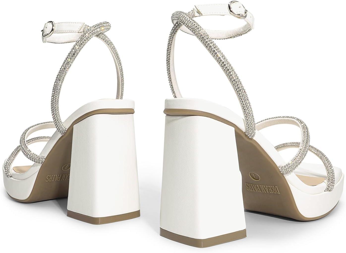 imageDREAM PAIRS Womens Platform Strappy Heels Open Toe Ankle Strap Square Party Sandals Y2K Dress ShoesWhiterhinestone