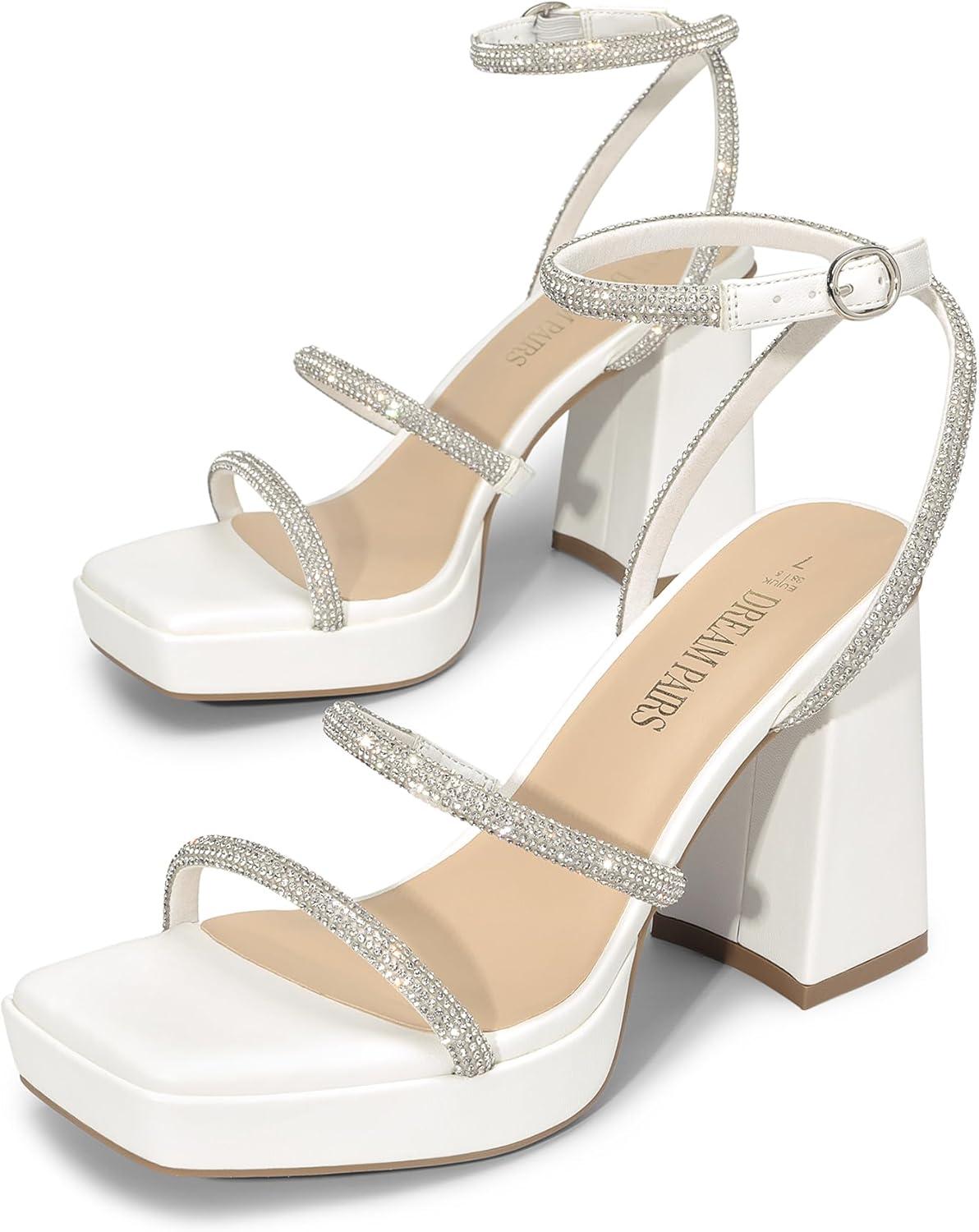 imageDREAM PAIRS Womens Platform Strappy Heels Open Toe Ankle Strap Square Party Sandals Y2K Dress ShoesWhiterhinestone