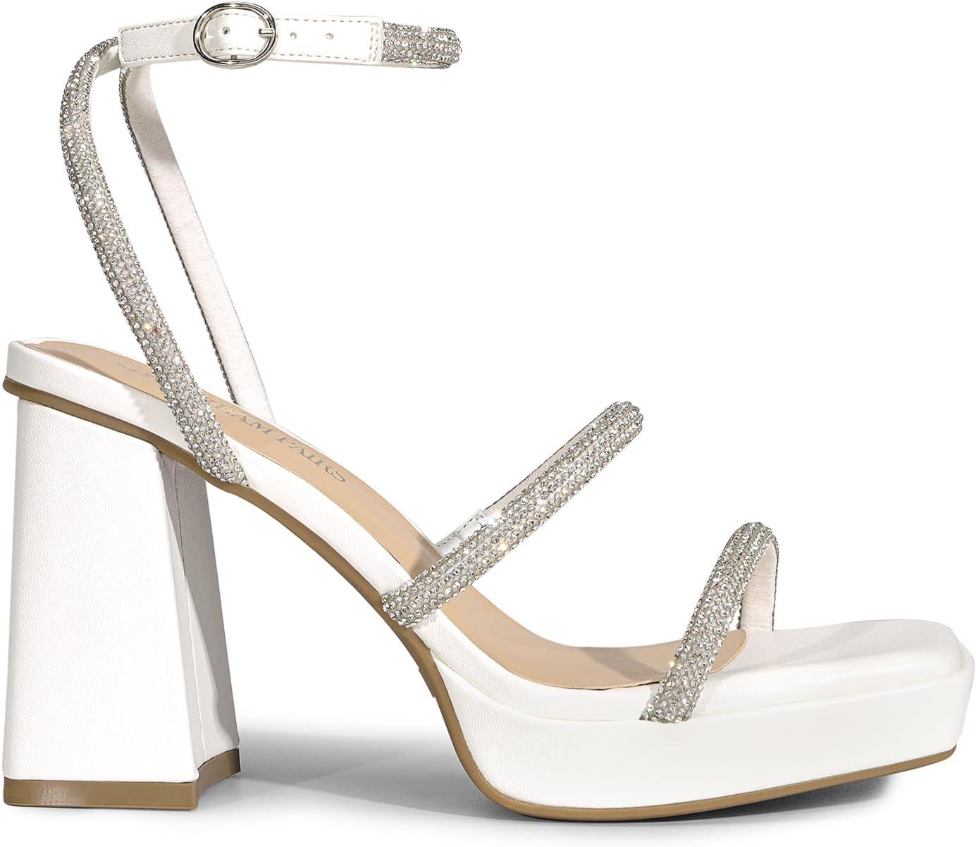 imageDREAM PAIRS Womens Platform Strappy Heels Open Toe Ankle Strap Square Party Sandals Y2K Dress ShoesWhiterhinestone