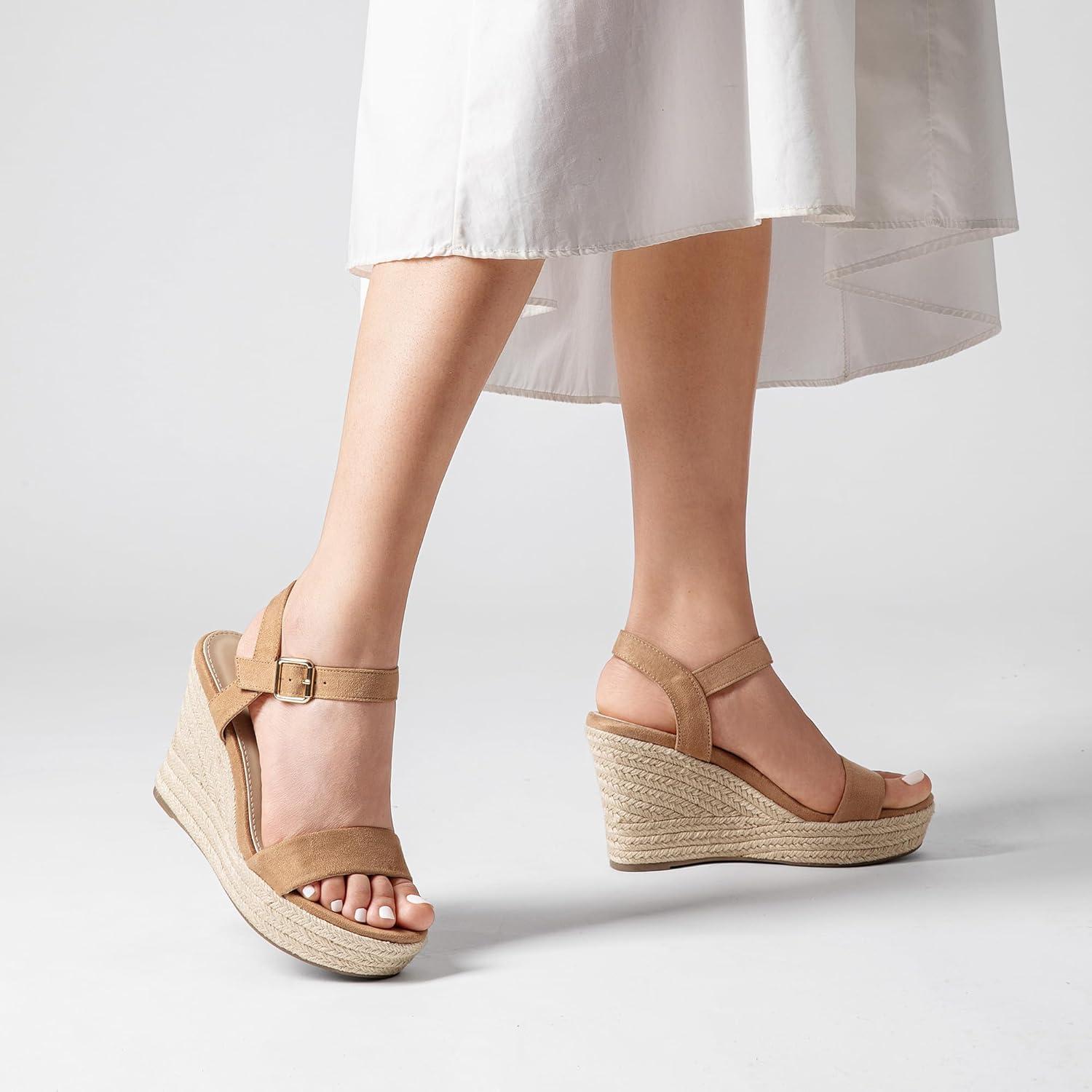imageDREAM PAIRS Womens Platform Wedges Sandals Comfortable Open Toe Espadrilles Sandals Dressy Buckle Ankle Strap Summer ShoesCamel