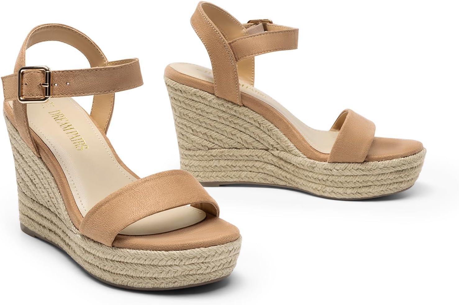imageDREAM PAIRS Womens Platform Wedges Sandals Comfortable Open Toe Espadrilles Sandals Dressy Buckle Ankle Strap Summer ShoesCamel