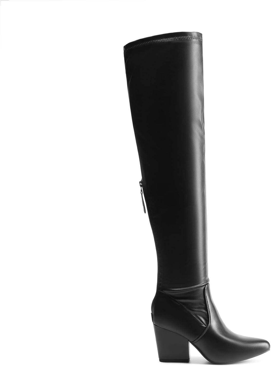 imageDREAM PAIRS Womens Pointed Toe Thigh High Over the Knee Boots Tall Chunky Blocked Heel Fall Long Fashion Sexy BootsBlackpu