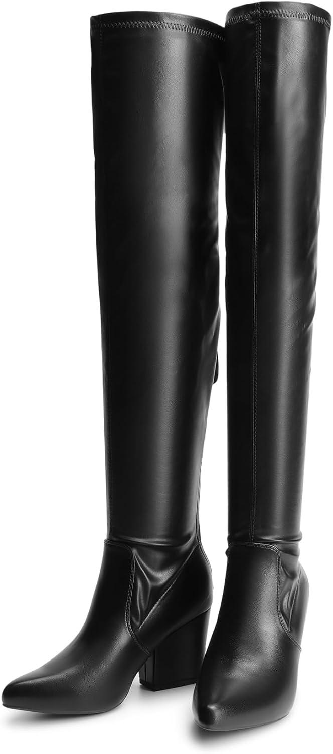 imageDREAM PAIRS Womens Pointed Toe Thigh High Over the Knee Boots Tall Chunky Blocked Heel Fall Long Fashion Sexy BootsBlackpu