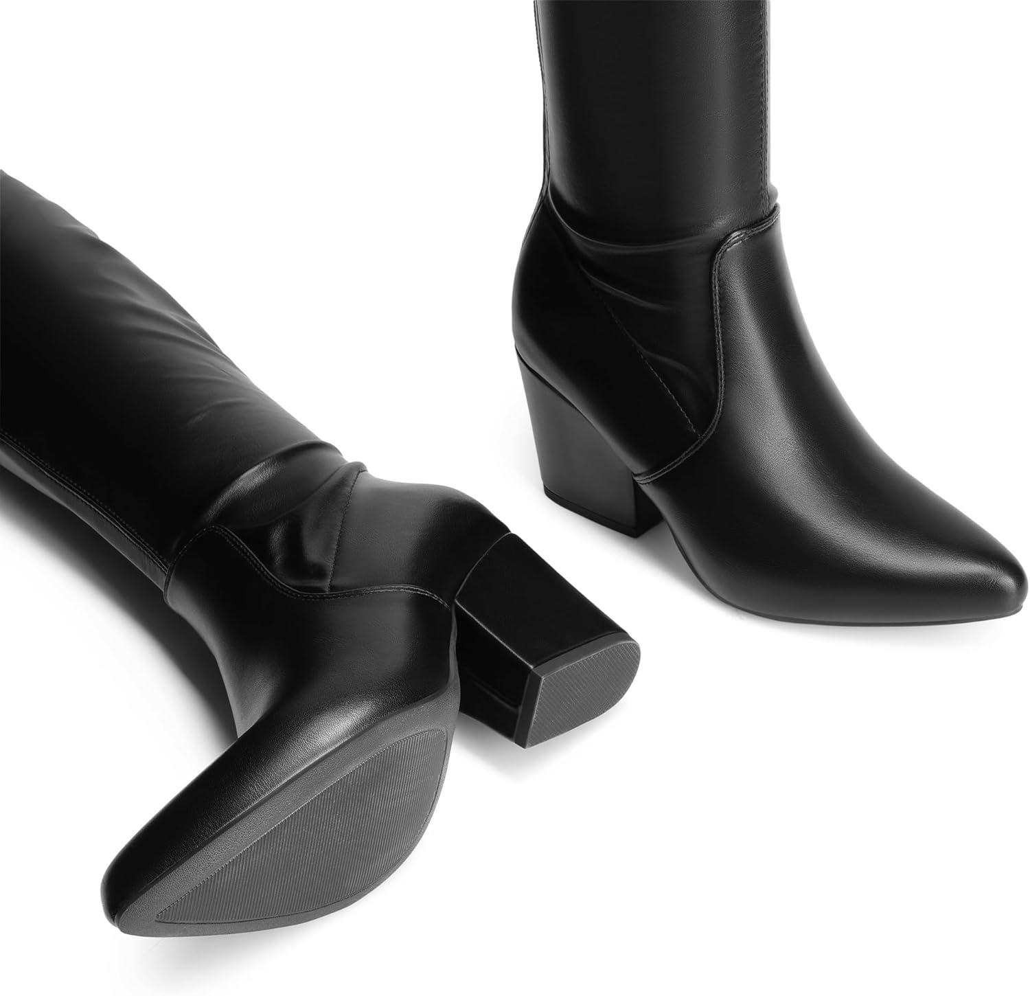 imageDREAM PAIRS Womens Pointed Toe Thigh High Over the Knee Boots Tall Chunky Blocked Heel Fall Long Fashion Sexy BootsBlackpu