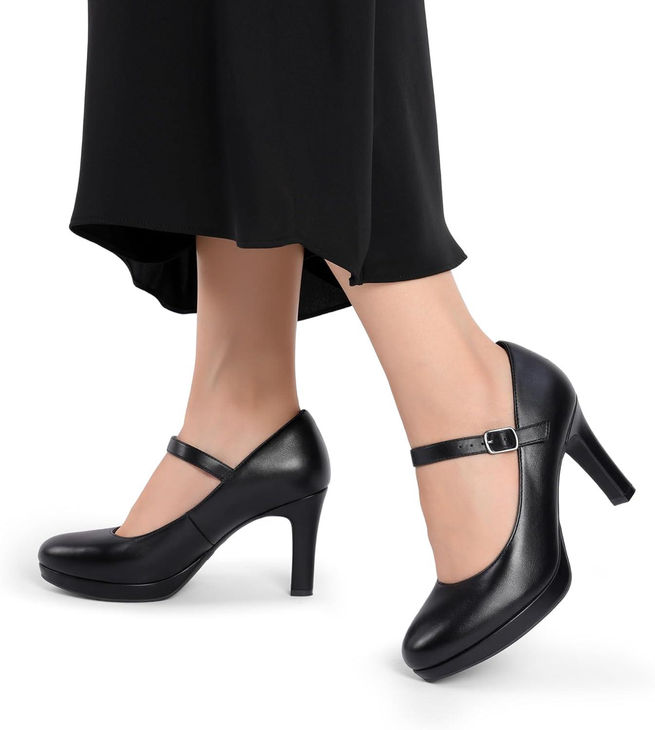 imageDREAM PAIRS Womens Pumps Close Toe Classic High Heels Round Toe Comfortable Low Platform Mary Jane Dress ShoesBlack