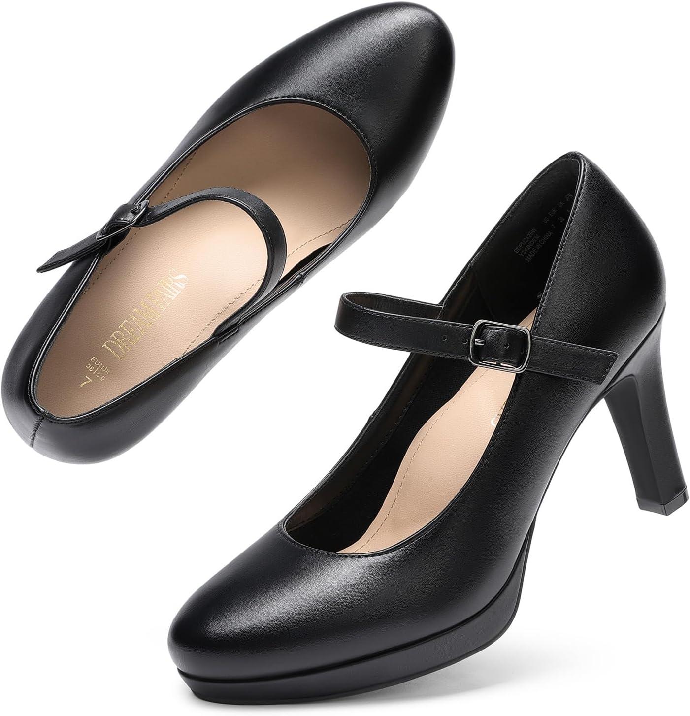 imageDREAM PAIRS Womens Pumps Close Toe Classic High Heels Round Toe Comfortable Low Platform Mary Jane Dress ShoesBlack
