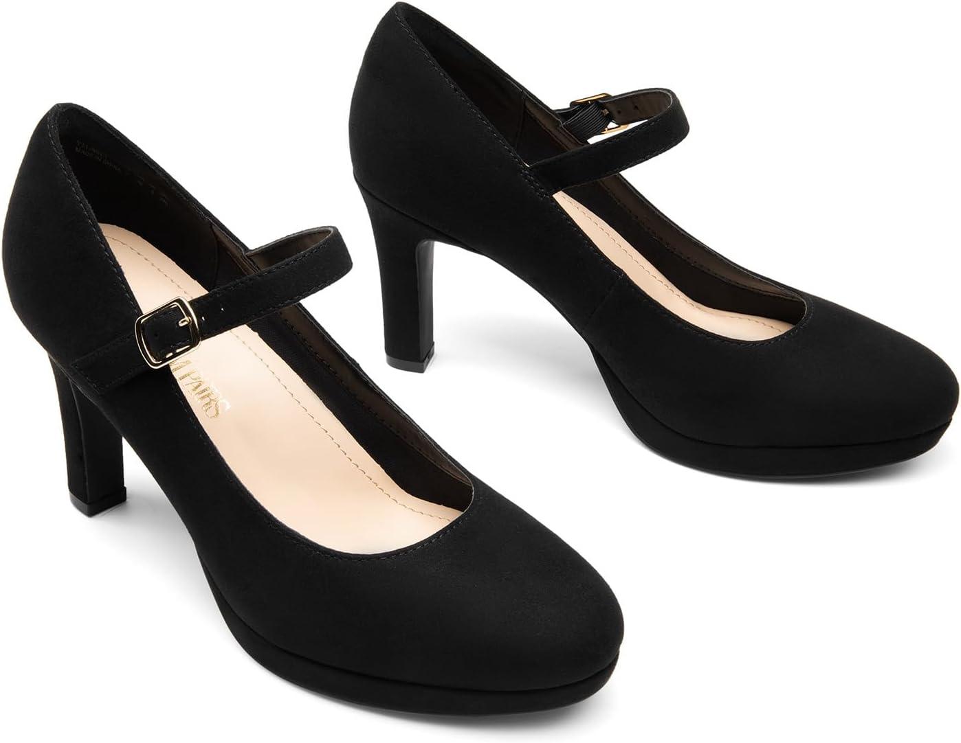 imageDREAM PAIRS Womens Pumps Close Toe Classic High Heels Round Toe Comfortable Low Platform Mary Jane Dress ShoesBlacksuede