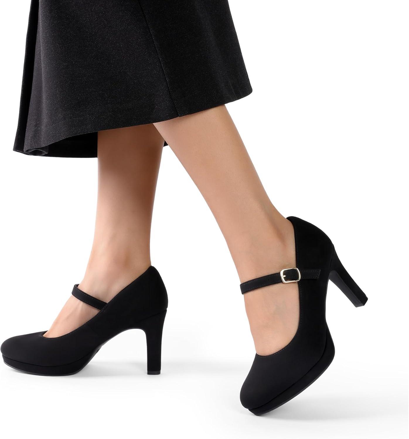 imageDREAM PAIRS Womens Pumps Close Toe Classic High Heels Round Toe Comfortable Low Platform Mary Jane Dress ShoesBlacksuede