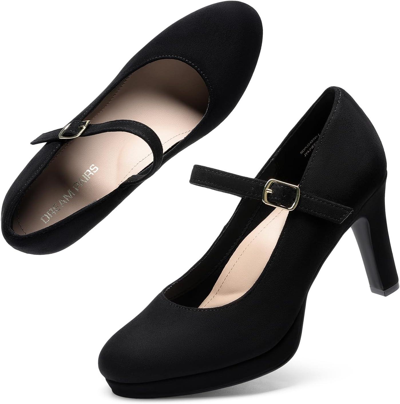 imageDREAM PAIRS Womens Pumps Close Toe Classic High Heels Round Toe Comfortable Low Platform Mary Jane Dress ShoesBlacksuede