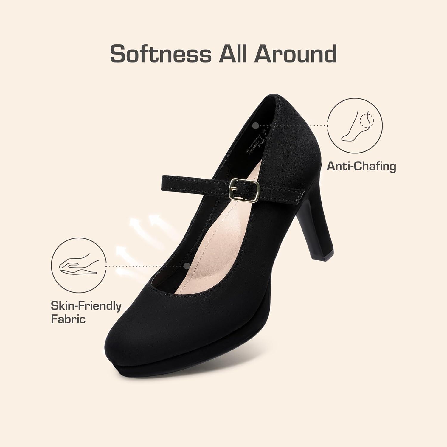 imageDREAM PAIRS Womens Pumps Close Toe Classic High Heels Round Toe Comfortable Low Platform Mary Jane Dress ShoesBlacksuede