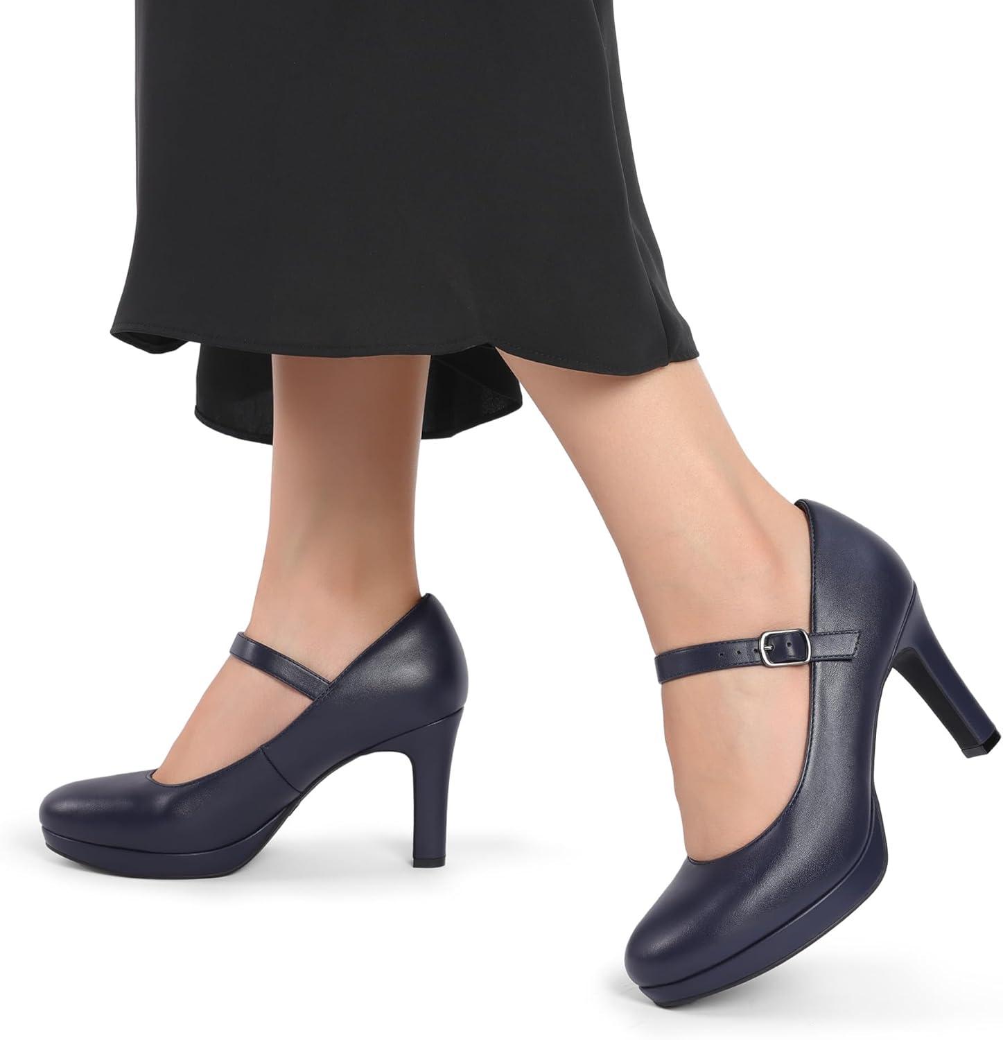 imageDREAM PAIRS Womens Pumps Close Toe Classic High Heels Round Toe Comfortable Low Platform Mary Jane Dress ShoesNavy