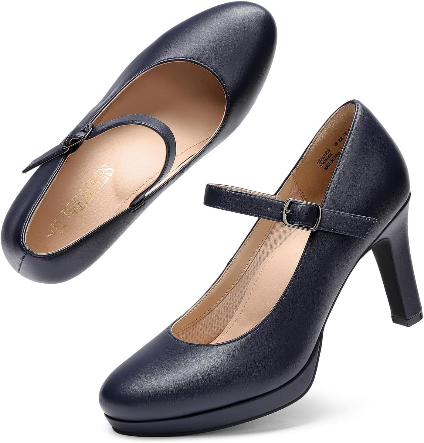 imageDREAM PAIRS Womens Pumps Close Toe Classic High Heels Round Toe Comfortable Low Platform Mary Jane Dress ShoesNavy
